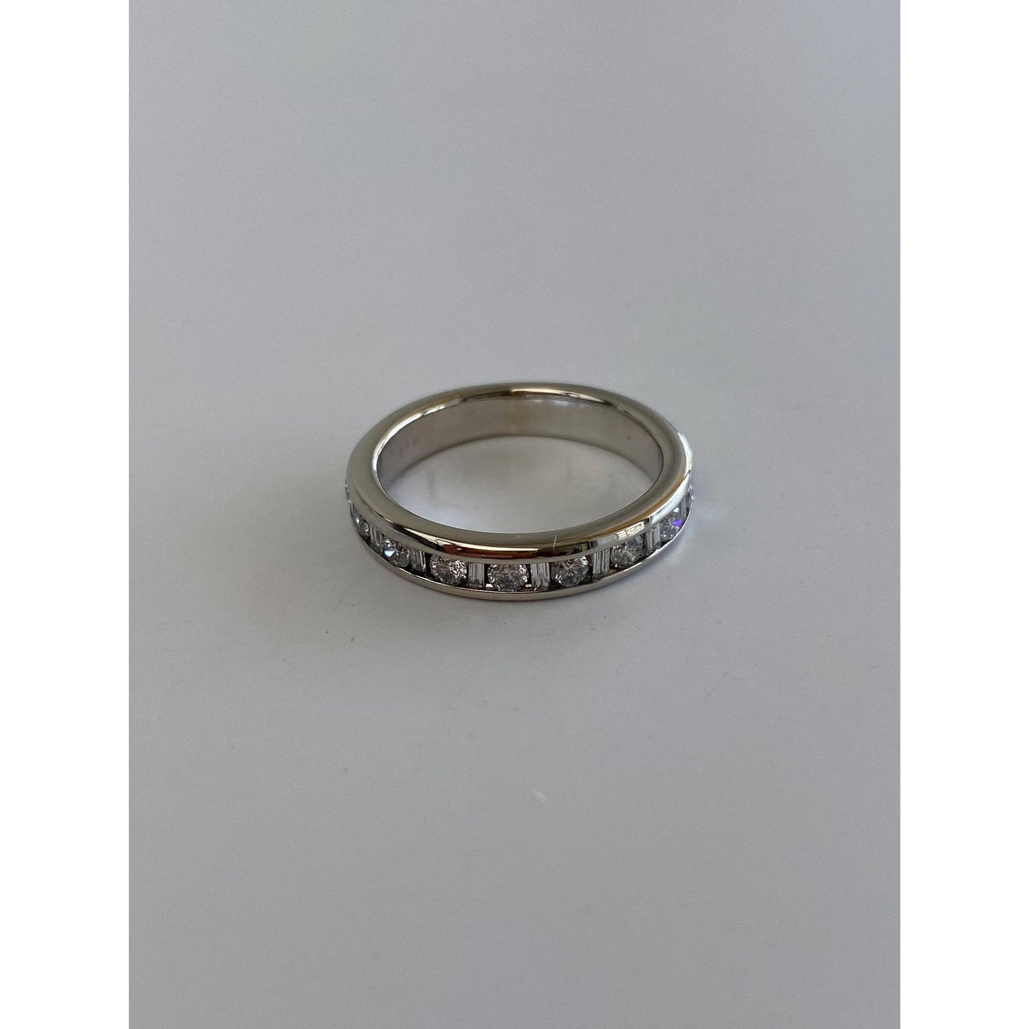 Vintage Solid 14k White Gold Baguette & Round Diamond Eternity Ring Band - Size 5