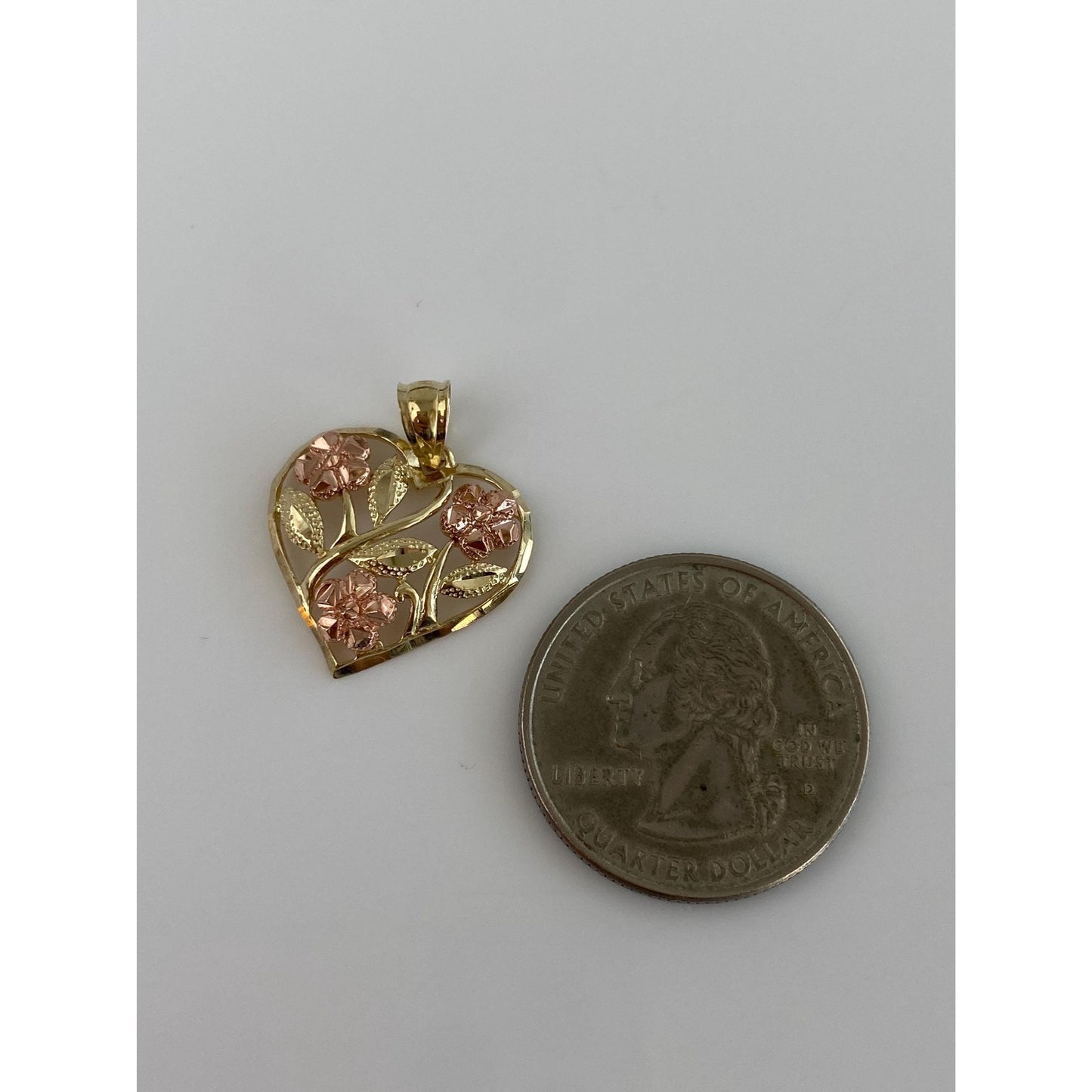 Vintage Solid 10k Rose & Yellow Gold Diamond Cut Roses Heart Charm