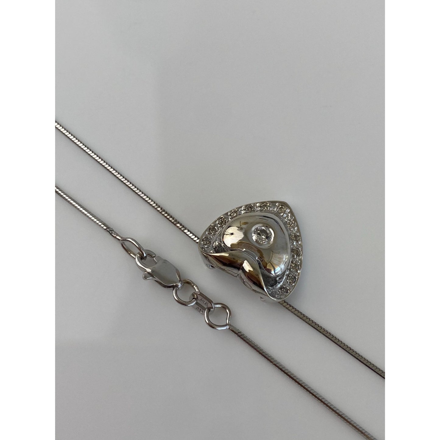 Vintage Solid 14k White Gold Diamond Heart Snake Chain Necklace - 16.5 inches