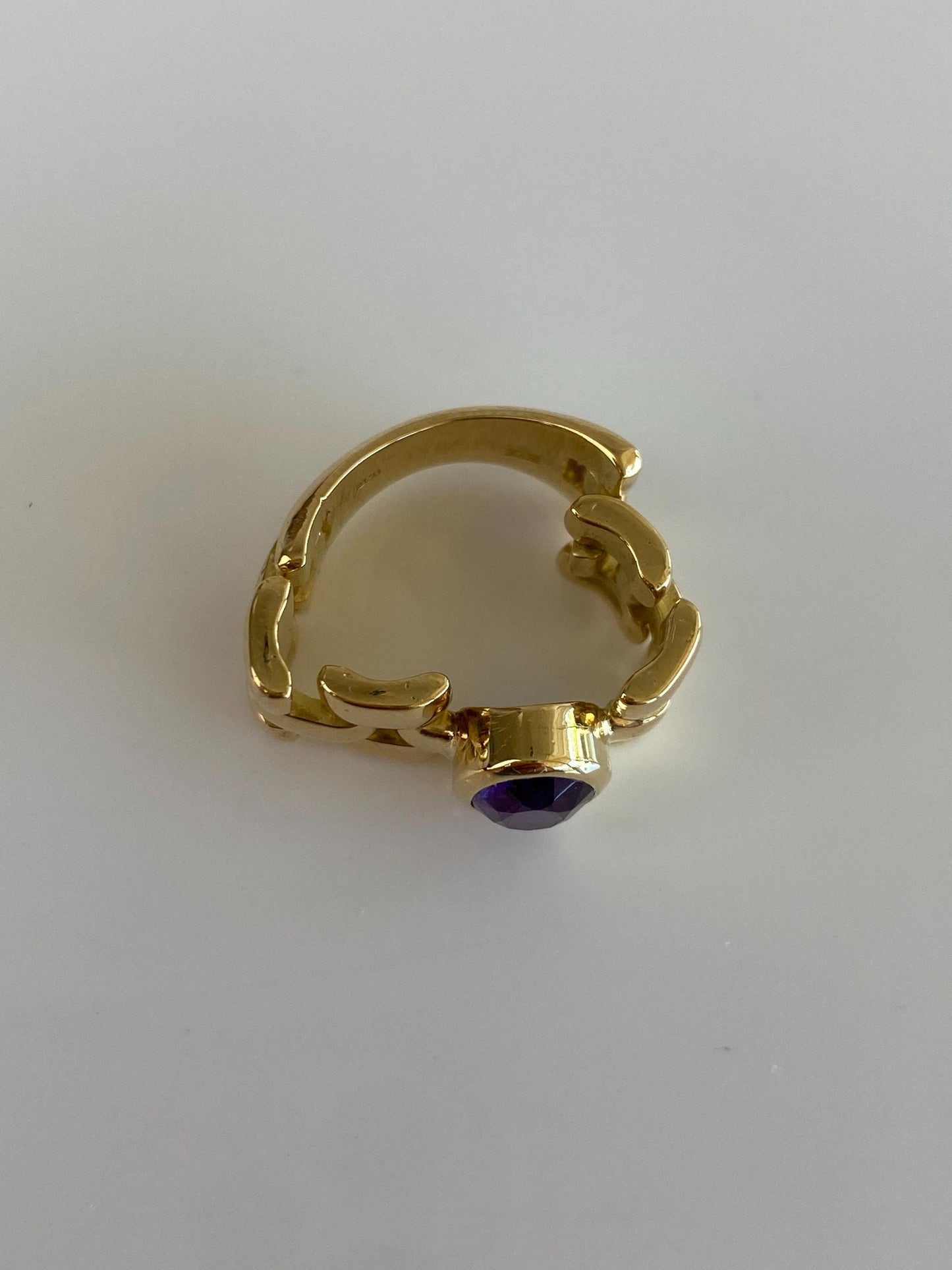 Vintage Solid 18k Yellow Gold Amethyst Watch Band Style Ring Band - Size 5.5
