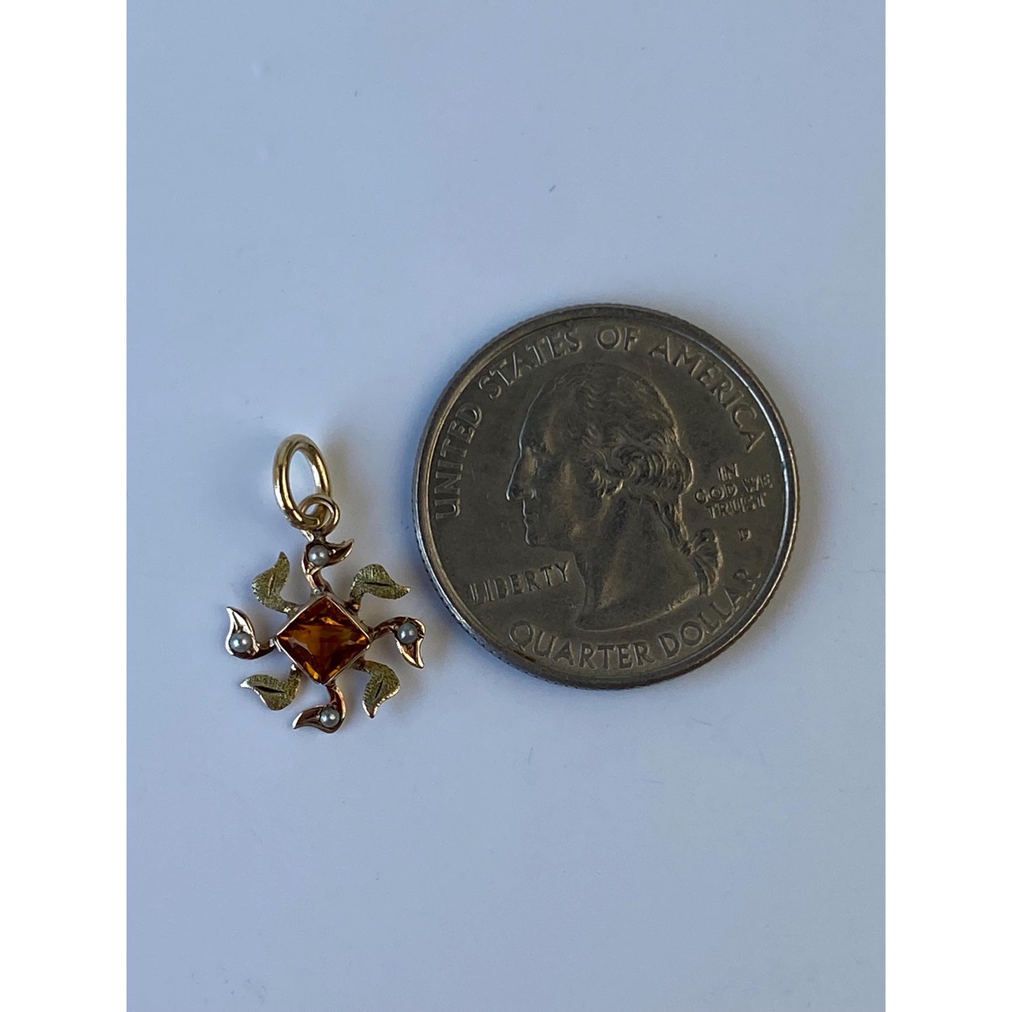 Vintage Solid 10k Yellow Gold Orange Cubic Zirconia Seed Pearl Stick Pin Conversion Charm