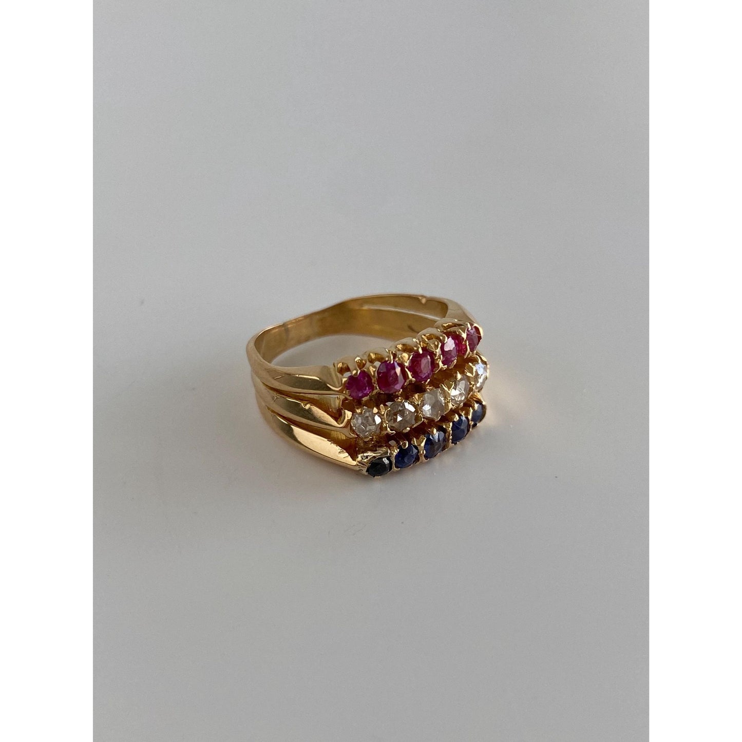 Vintage Solid 18k Yellow Gold Diamond Pink & Blue Spinel Row Ring - Size 5.5