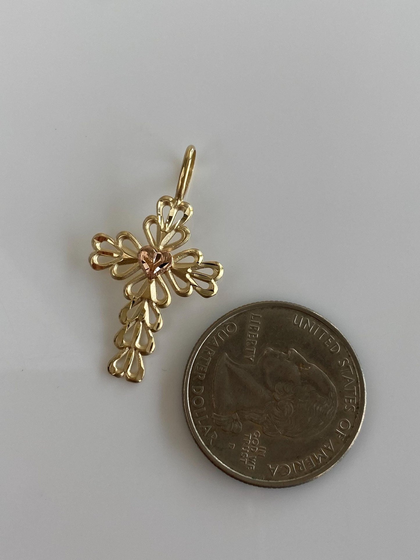 Vintage Solid 14k Rose & Yellow Gold Open Work Heart Cross Charm