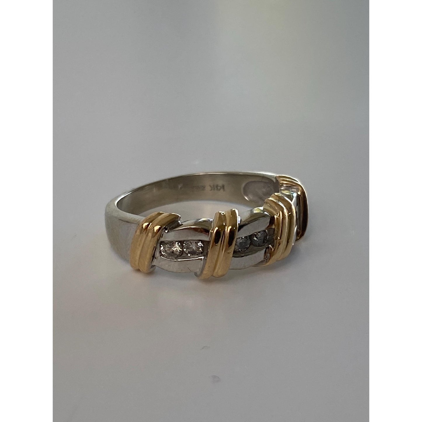 Vintage Solid 14k White & Yellow Gold Diamond Ring Band - Size 7.25