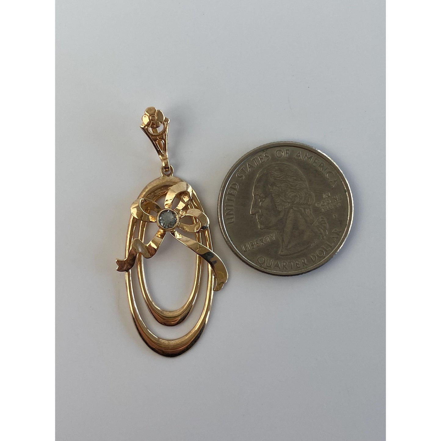 Vintage Solid 10k Yellow Gold Light Blue Cubic Zirconia Bow Charm