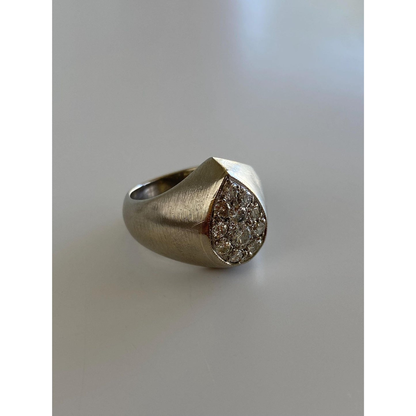 Vintage Solid 14k White Gold Diamond Teardrop Signet Ring - Size 7.25