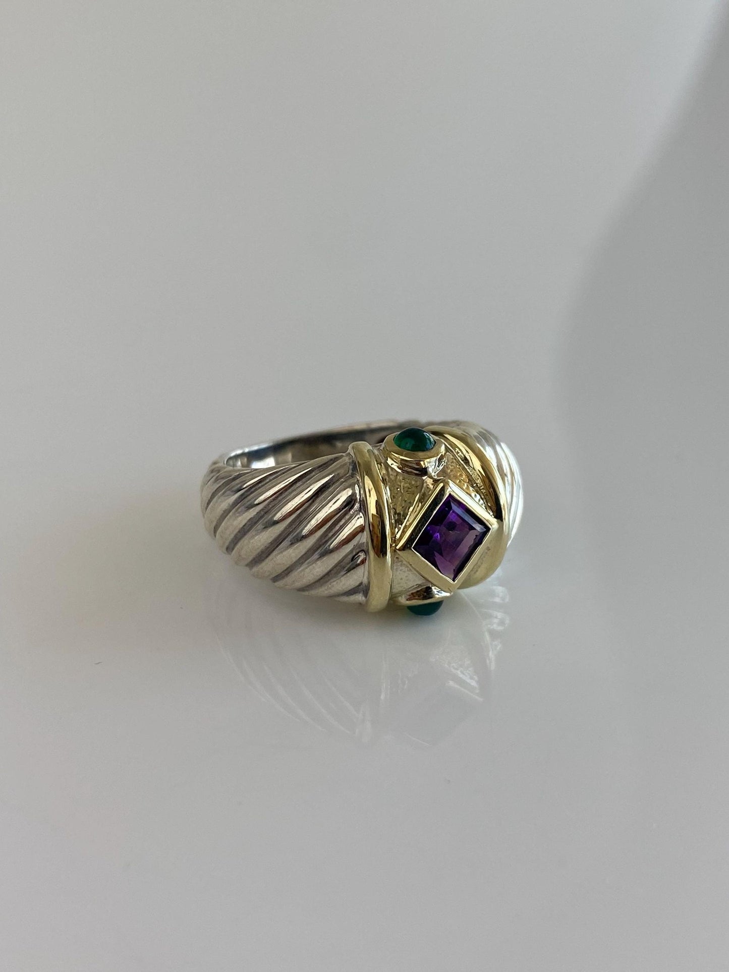 David Yurman Solid Sterling Silver & 14k Yellow Gold Amethyst Green Chalcedony Cabochon Ring Band - Size 6