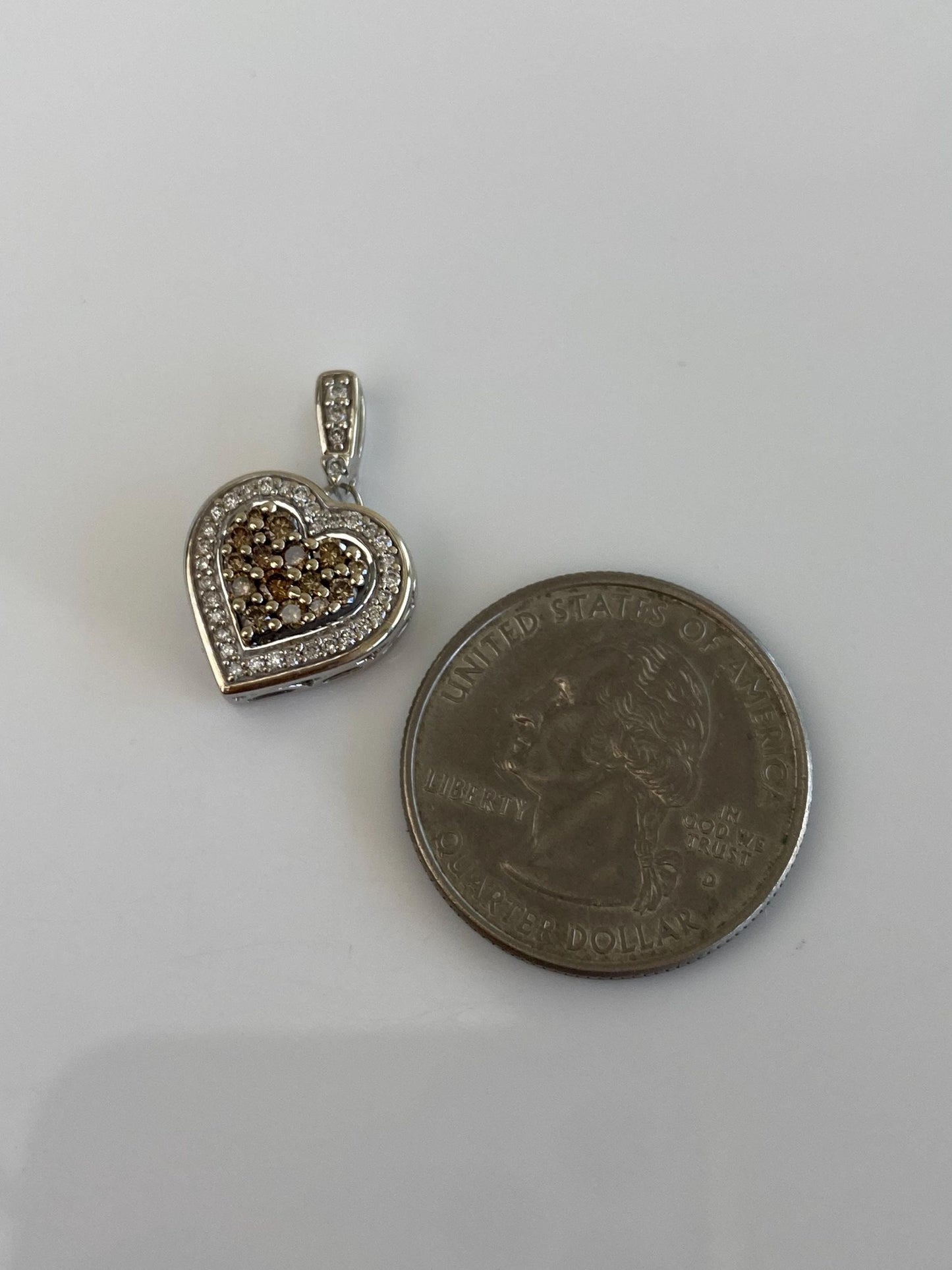 Vintage Solid 14k White Gold Brown & Clear Diamonds Heart Charm