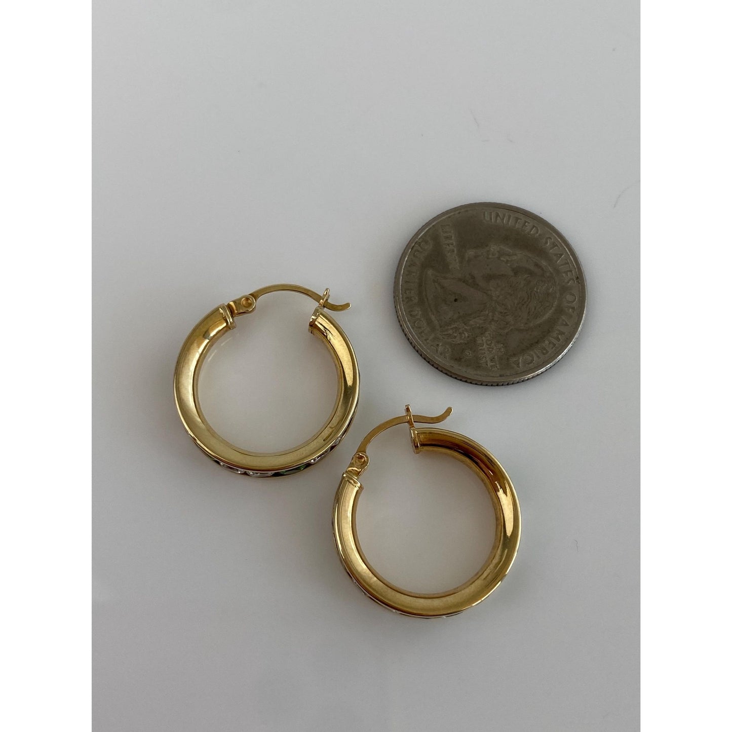 Solid 14k Yellow Gold Clear & Green Cubic Zirconia Hoop Earrings