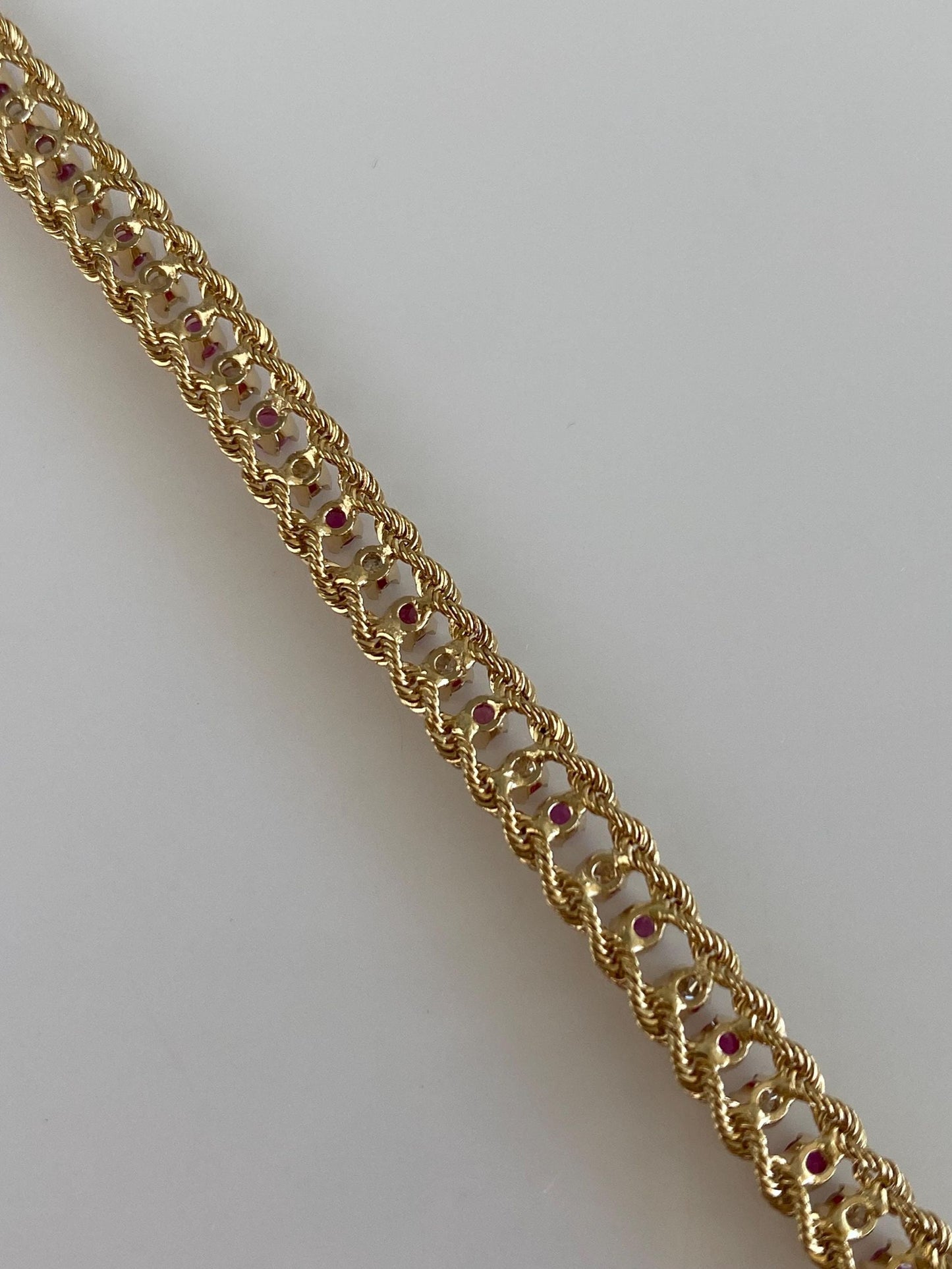 Vintage 14k Yellow Gold Pink & Clear Sapphire Rope Chain Bracelet - 7 inches