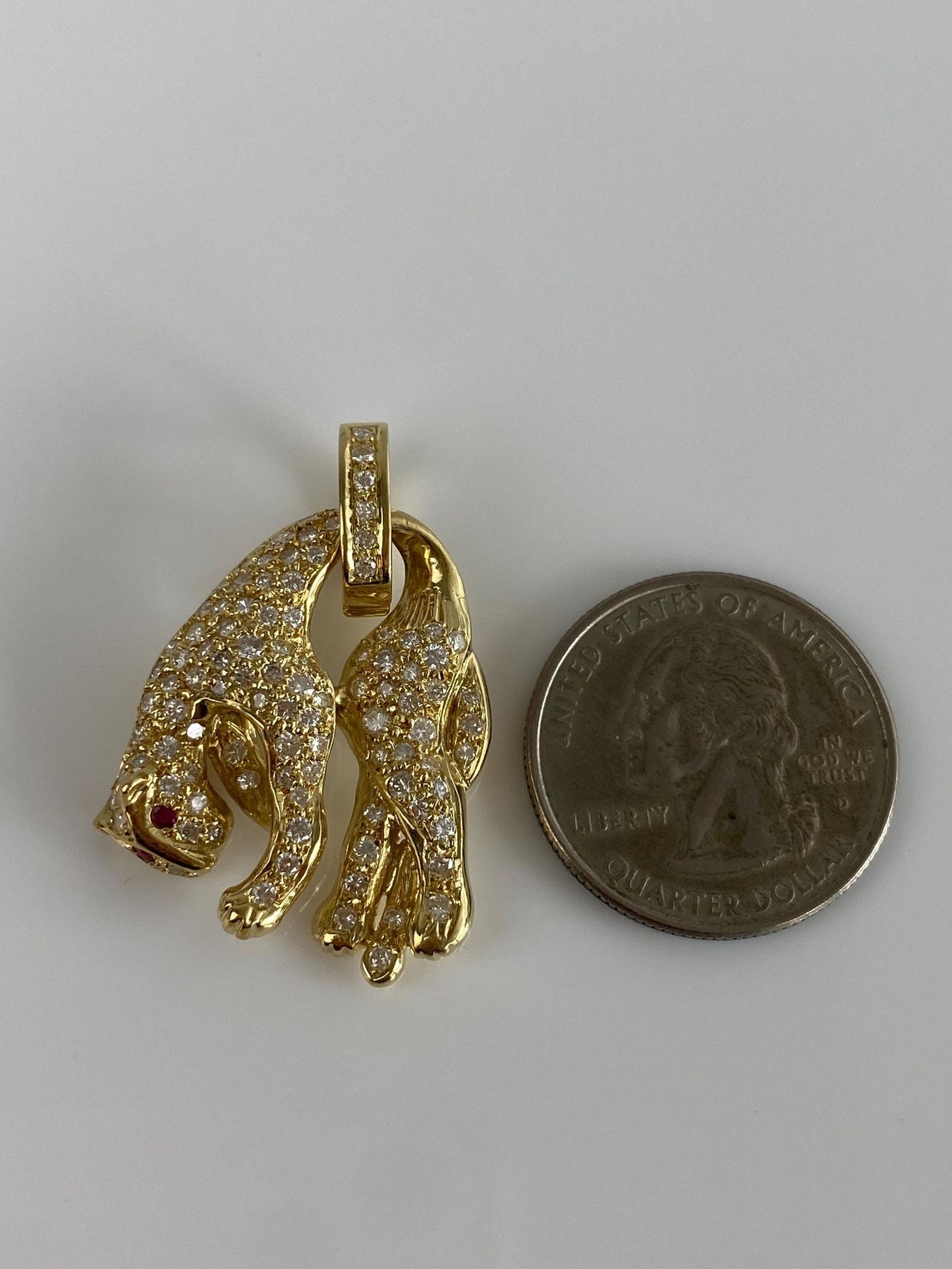 Vintage Solid 14k Yellow Gold Diamond Ruby Hanging Jaguar Charm