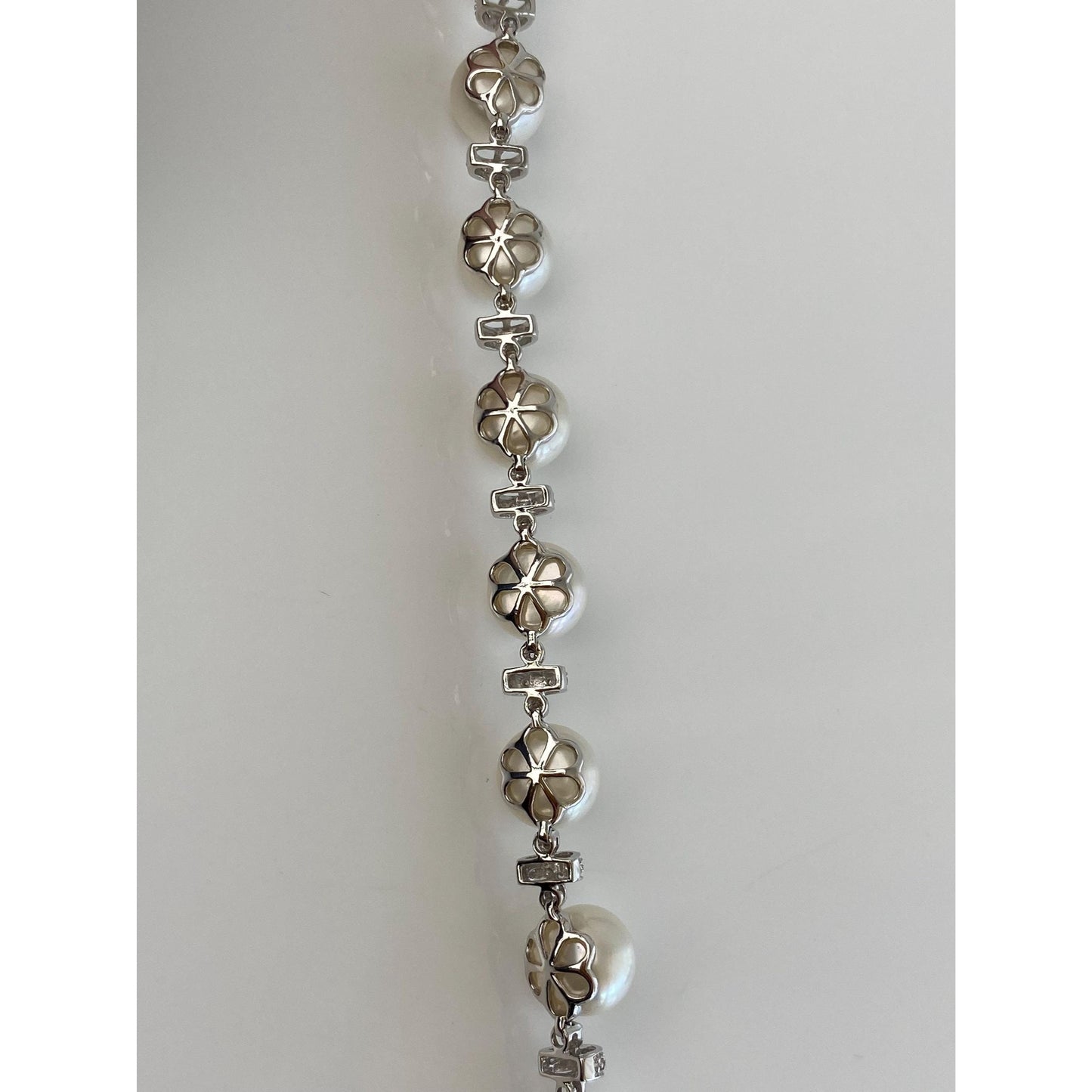 Vintage Solid 14k White Gold Clear Sapphire Pearl Bracelet - 8 inches