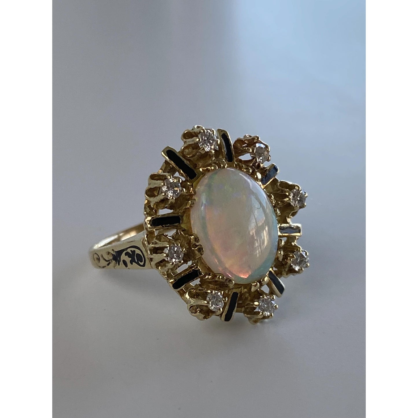 Vintage Solid 14k Yellow Gold Opal Diamond Halo Black Enamel Cocktail Ring - Size 7