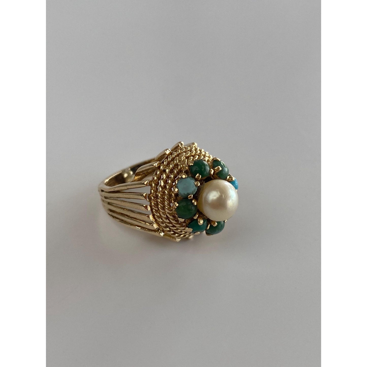Vintage Solid 14k Yellow Gold Pearl Turquoise Halo Ring - Size 2.25