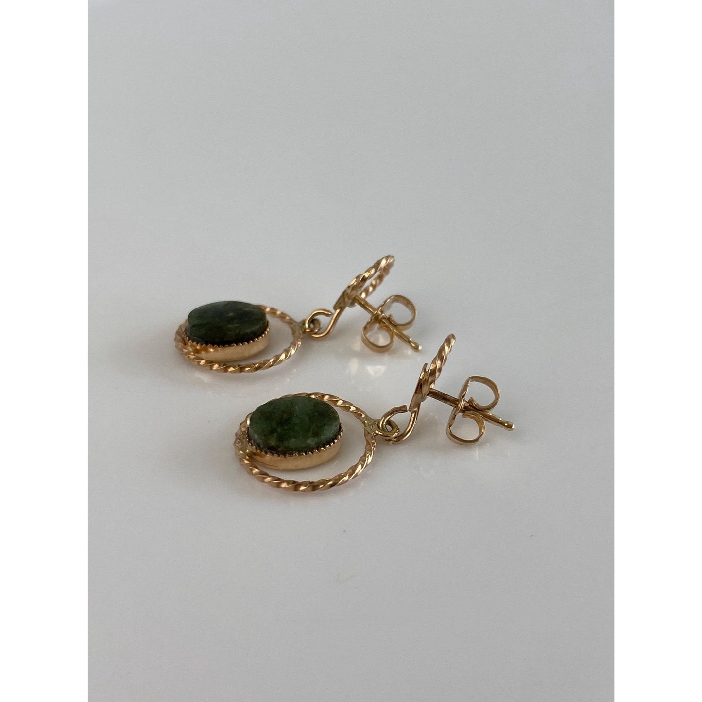 Vintage Solid 14k Yellow Gold Nephrite Heart Dangle Stud Earrings