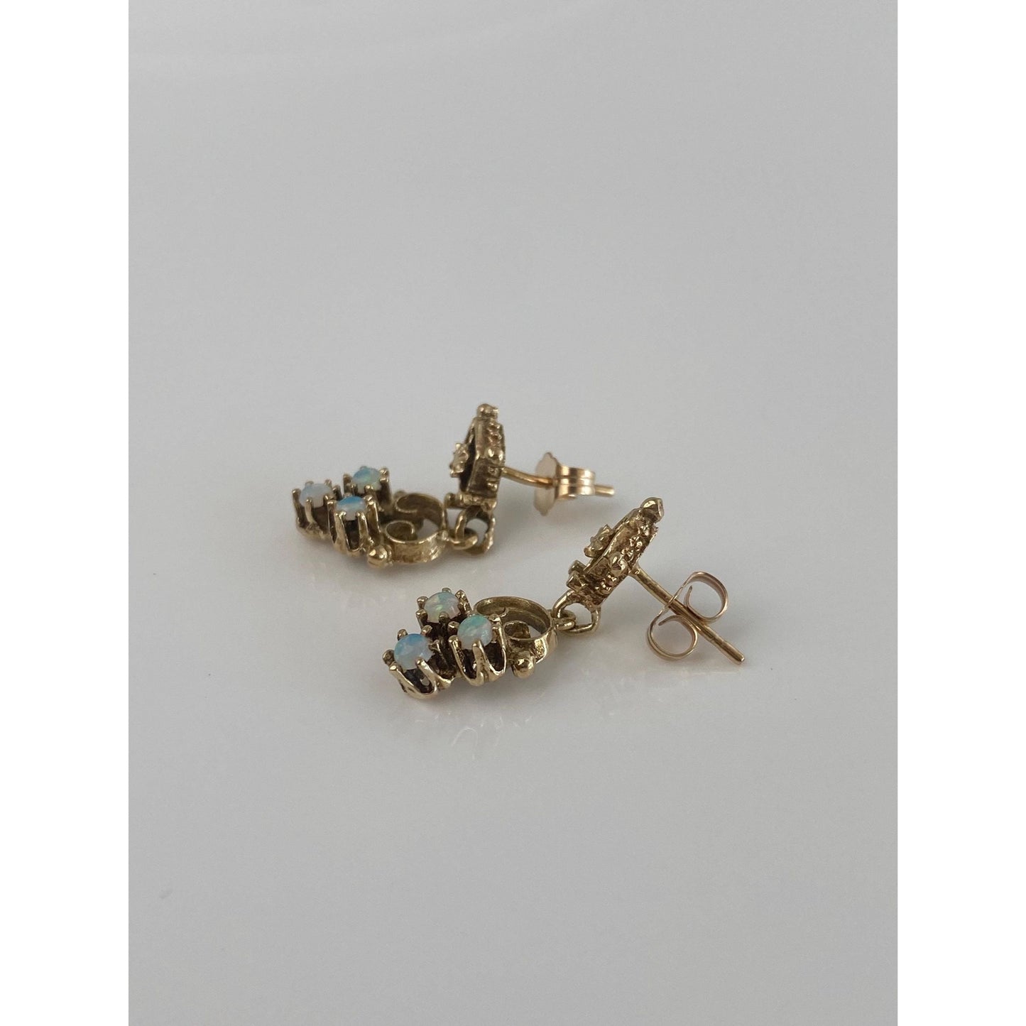 Vintage Solid 14k Yellow Gold Opal Ornate Dangle Stud Earrings