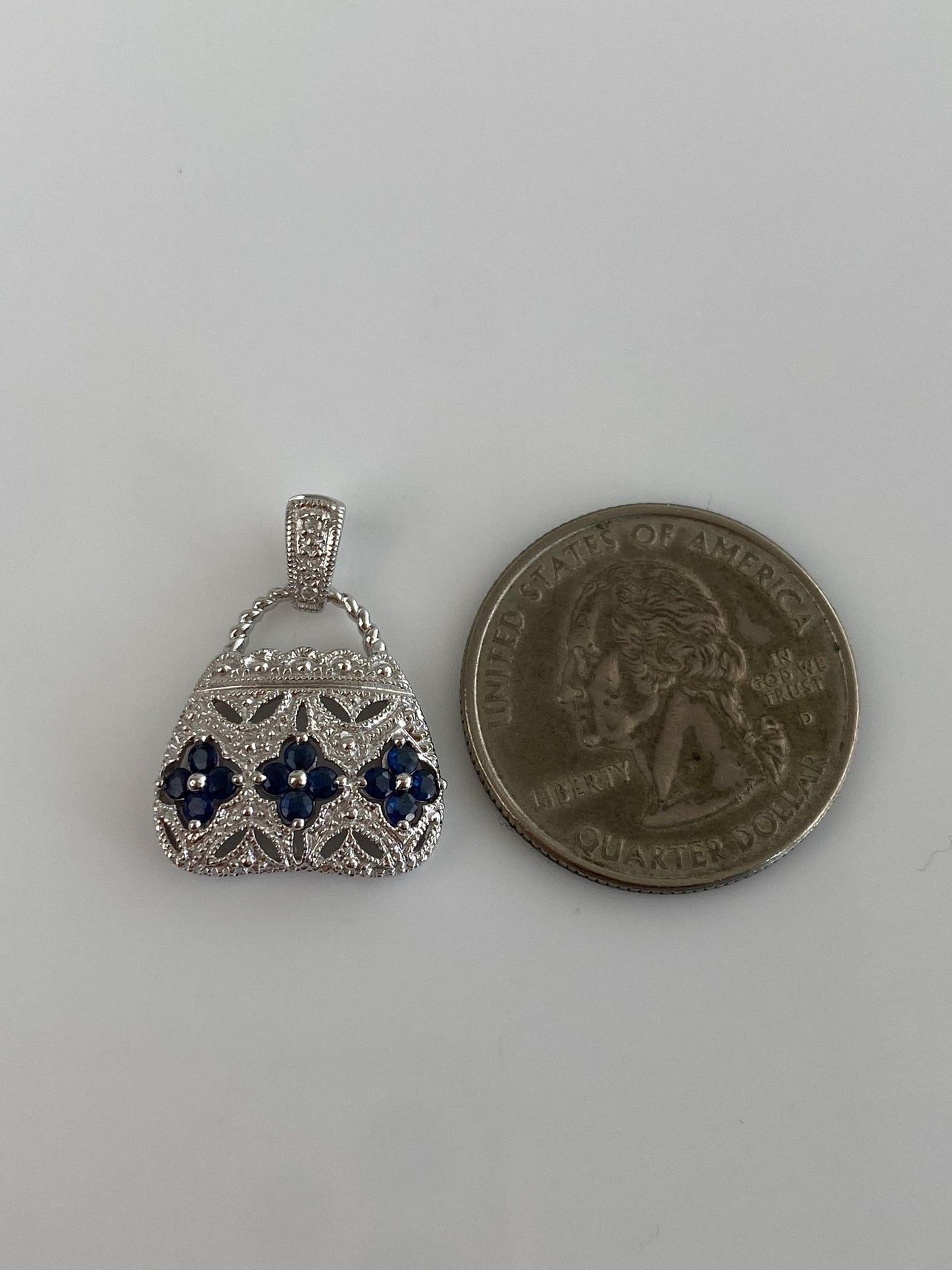 Vintage Solid 10k White Gold Blue Sapphire Purse Charm