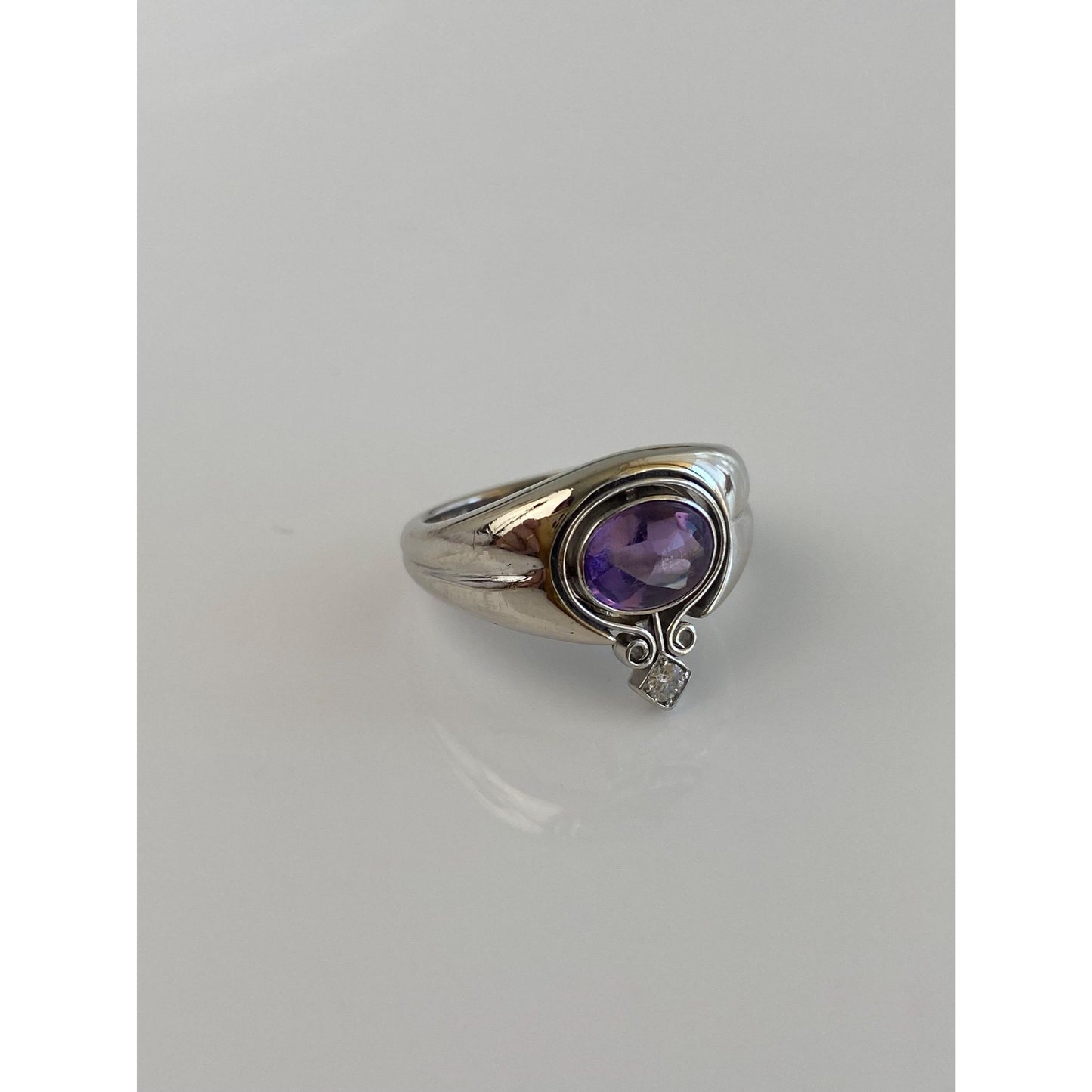 Vintage Solid 14k White Gold Diamond Amethyst Ring Band - Size 5.75