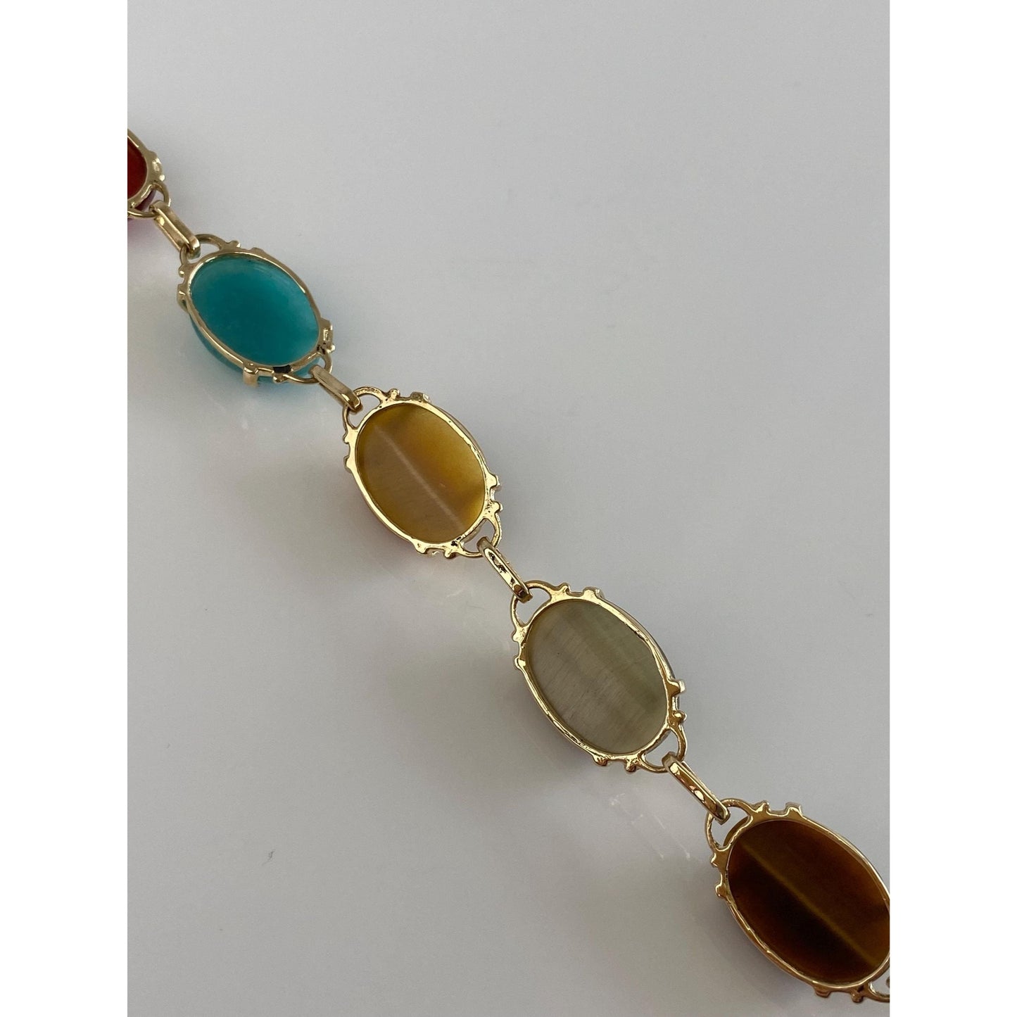 Solid 14k Yellow Gold Tigers Eye Garnet Blue Quartz Green Chalcedony Scarab Link Bracelet - 7.25 inches