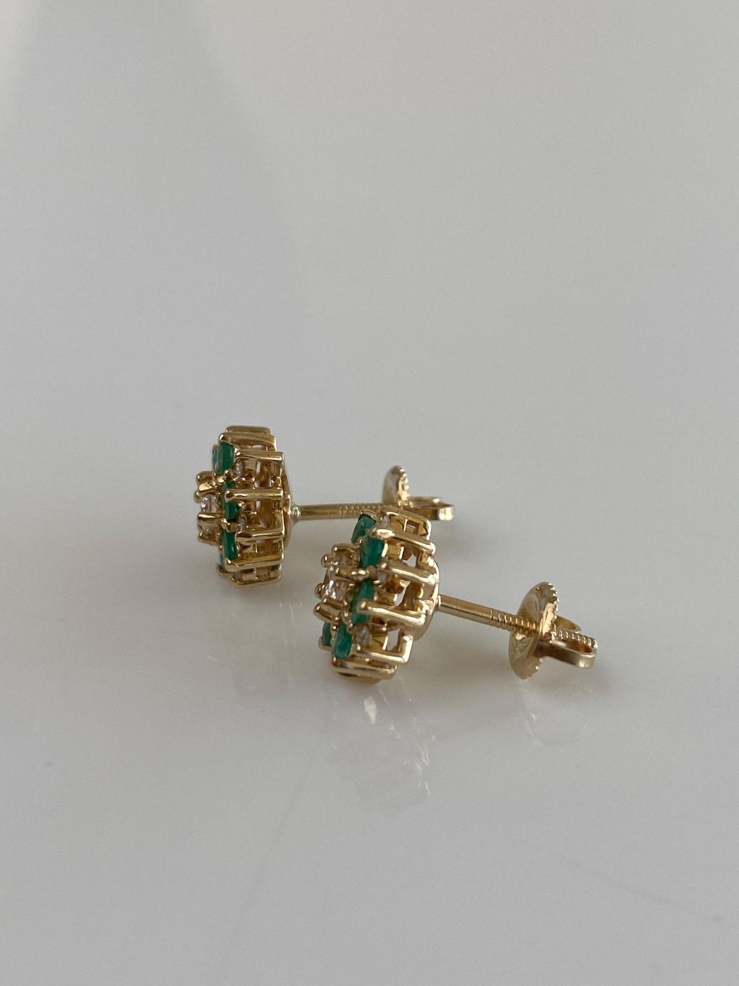 Vintage Solid 14k Yellow Gold Emerald Diamond Stud Earrings