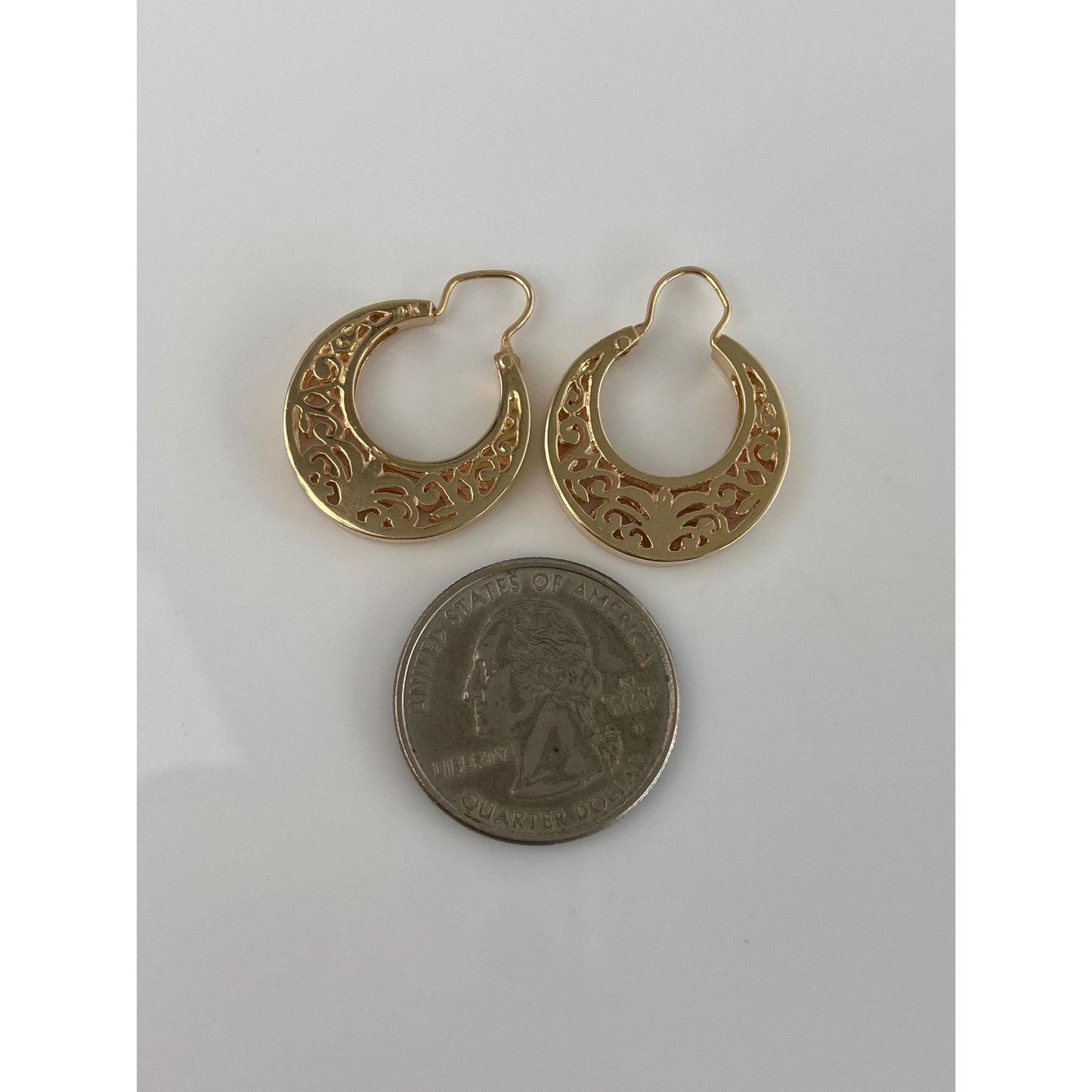 Vintage Solid 14k Yellow Gold Open Work Hoop Earrings