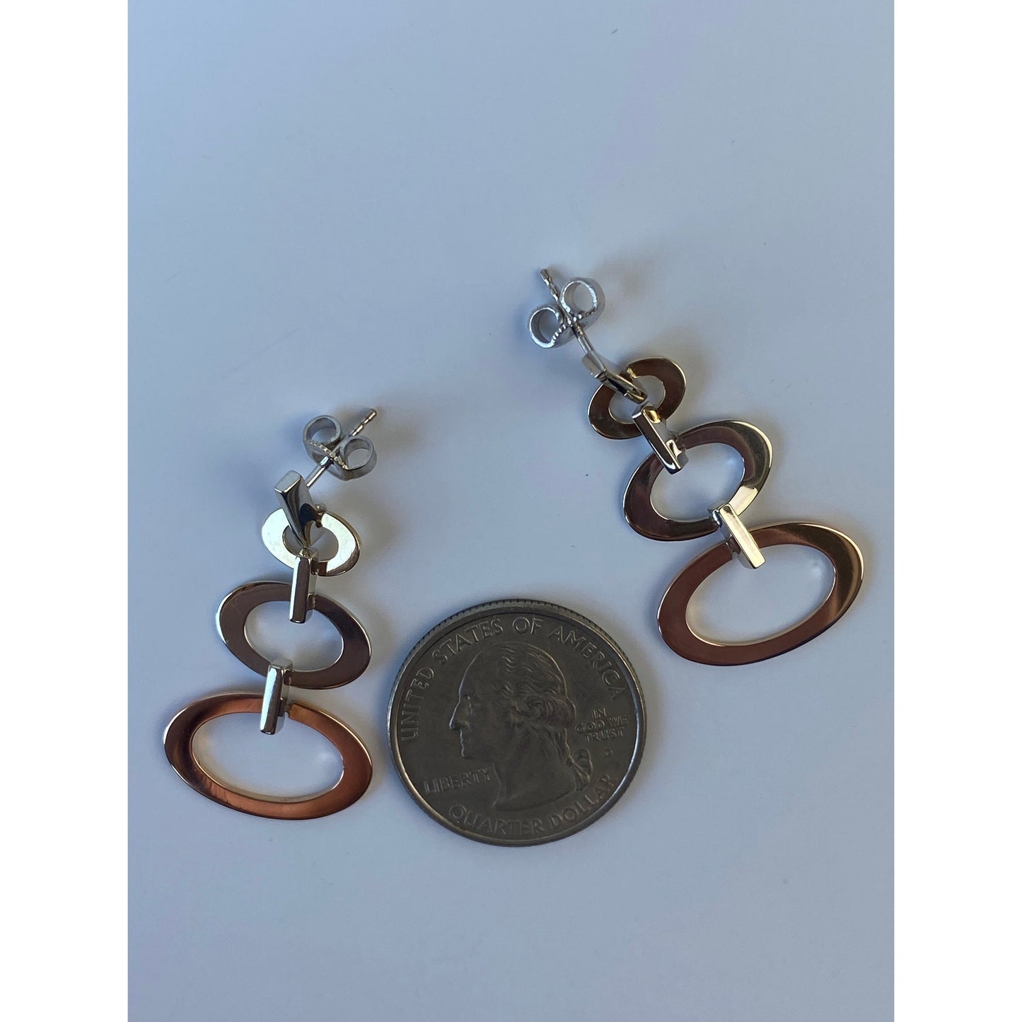 Vintage Solid 14k Tri Tone Gold Concentric Oval Dangle Stud Earrings