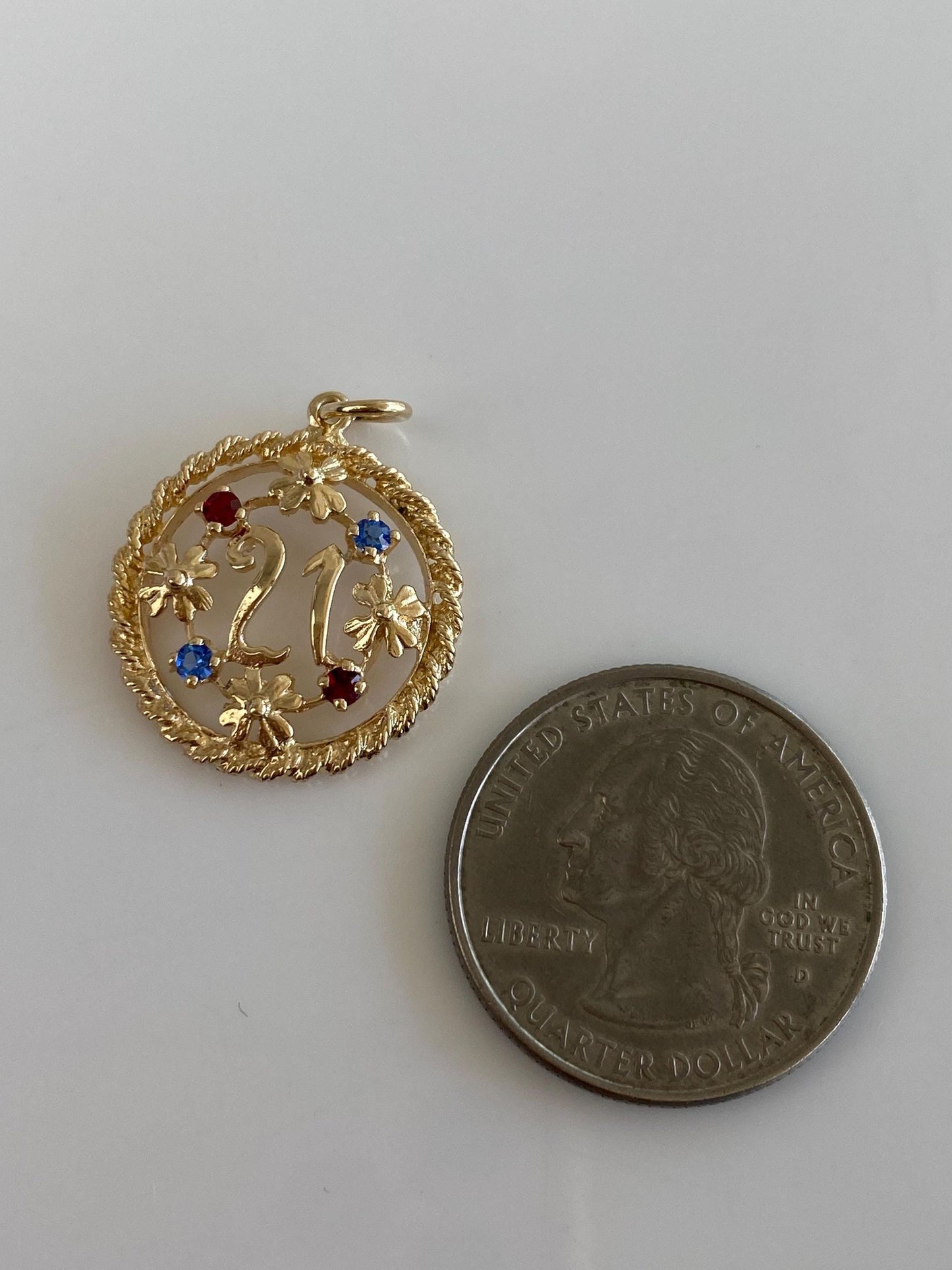 Vintage Solid 14k Yellow Gold Open Work Red & Blue Cubic Zirconia Flowers 21 Charm