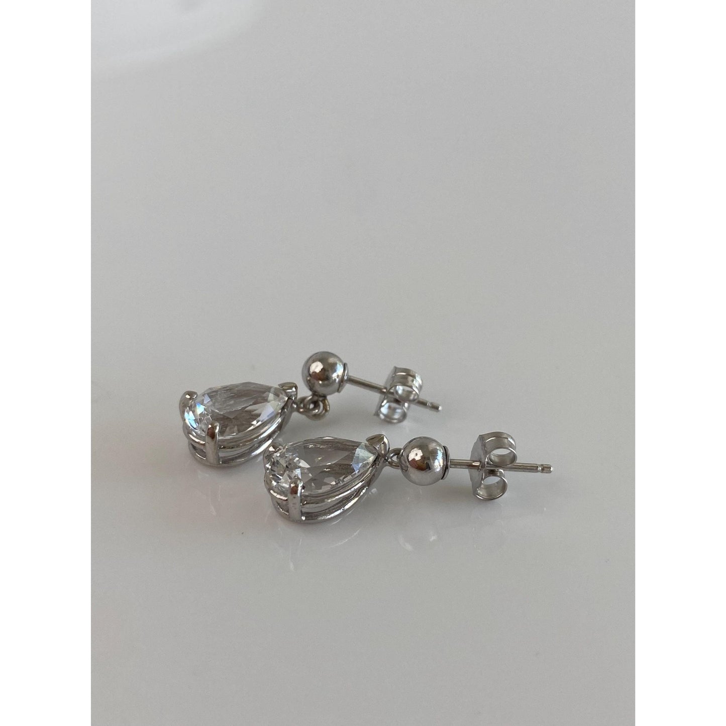 Solid 14k White Gold Clear Quartz Dangle Stud Earrings