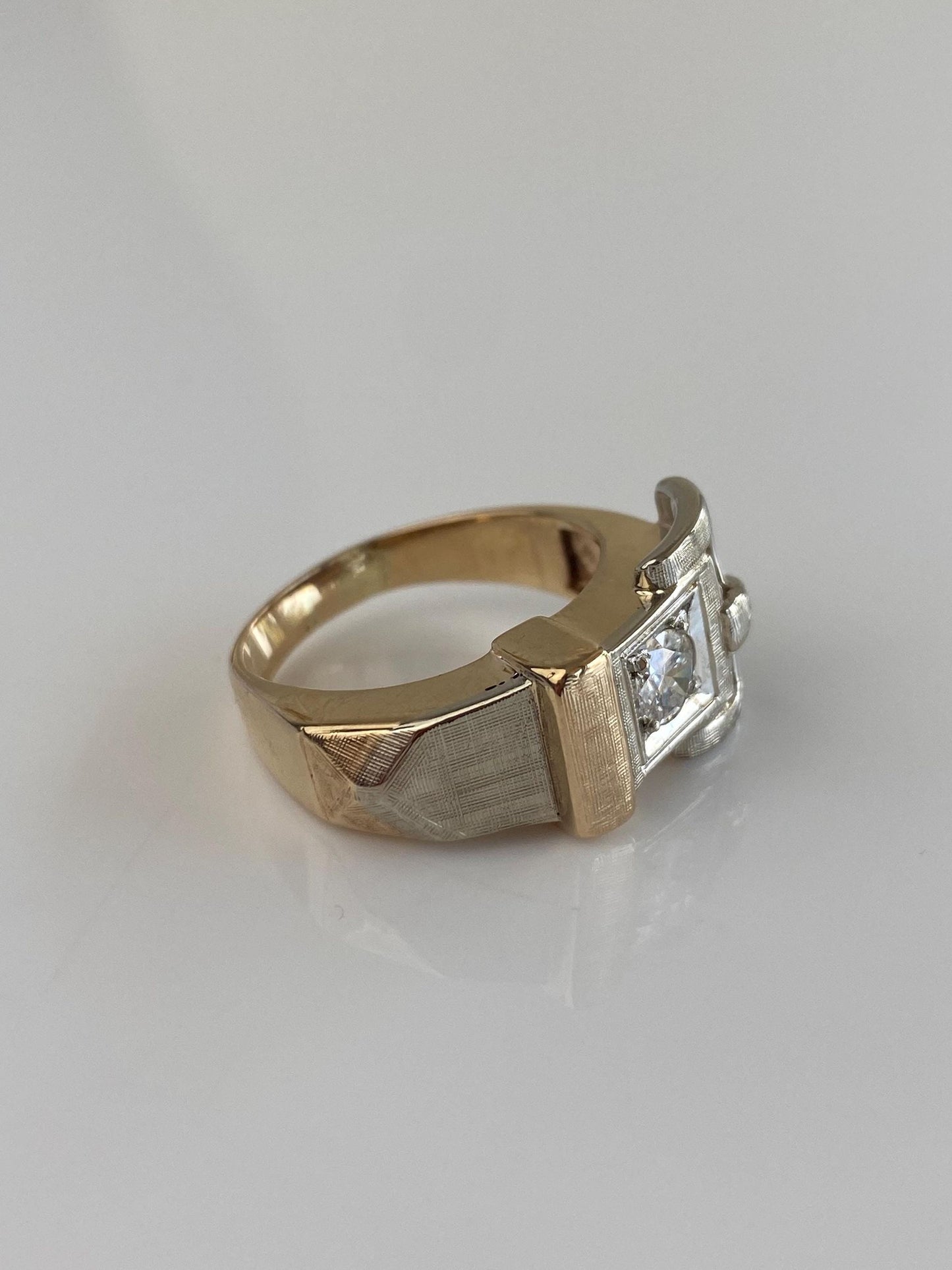 Vintage Solid 14k White & Yellow Gold Diamond Satin Belt Buckle Ring Band - Size 8.75
