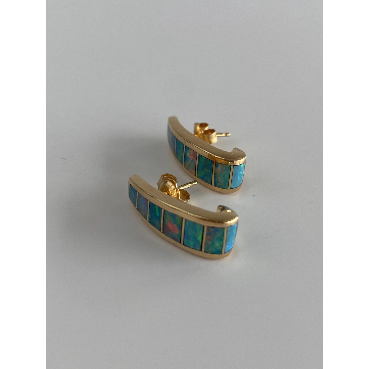 Vintage Solid 14k Yellow Gold Opal Inlay Drop Earrings