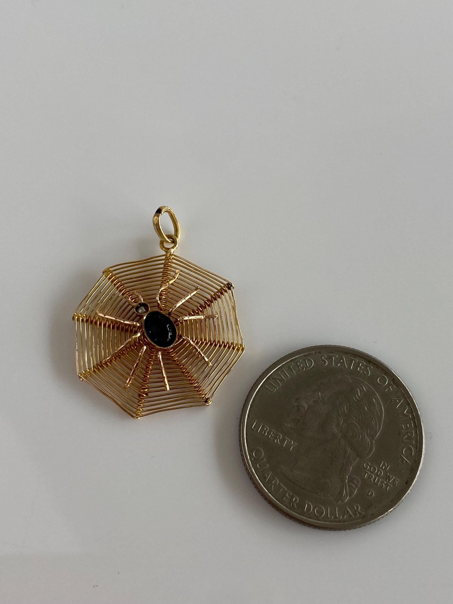 Vintage Solid 14k Yellow Gold Blue Cubic Zirconia Cabochon Seed Pearl Woven Spiderweb Spider Charm