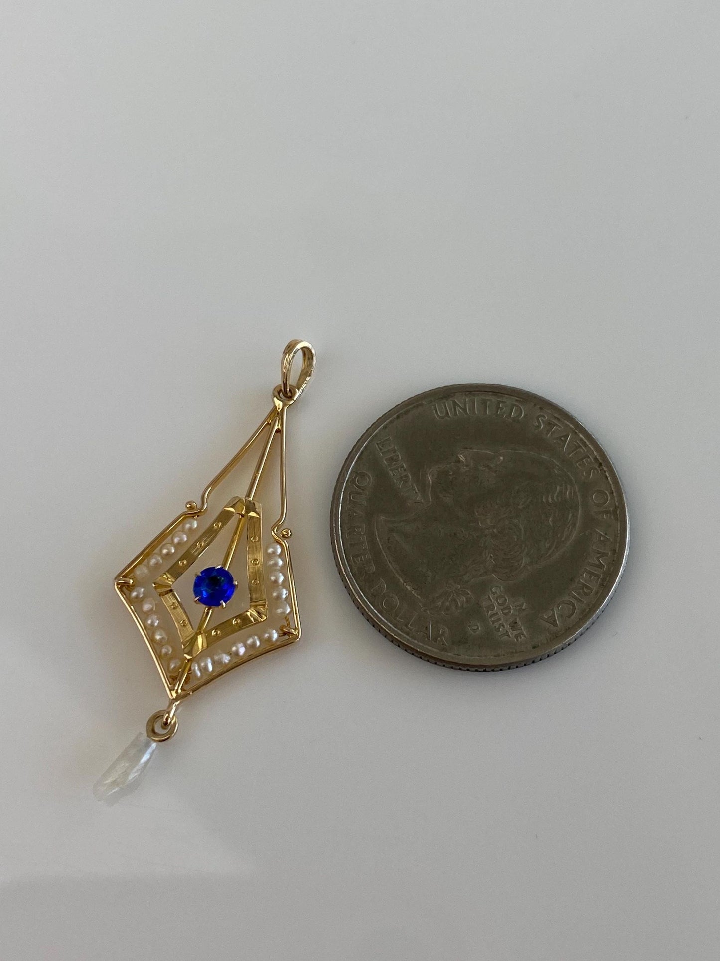 Vintage Solid 14k Yellow Gold Blue Cubic Zirconia Seed Pearls Charm