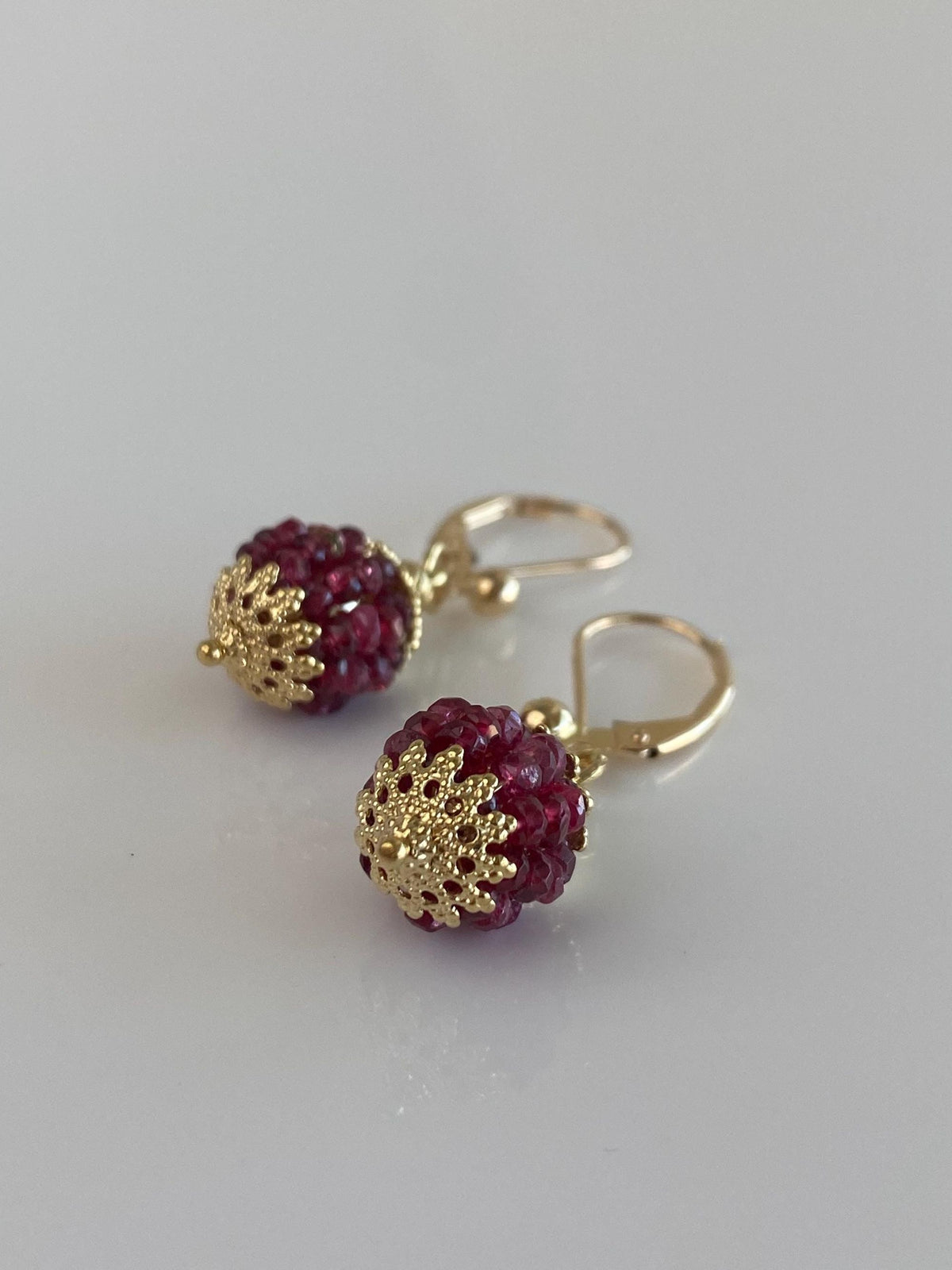 Vintage 14k & 18k Yellow Gold Ruby Beads Ball Dangle Earrings