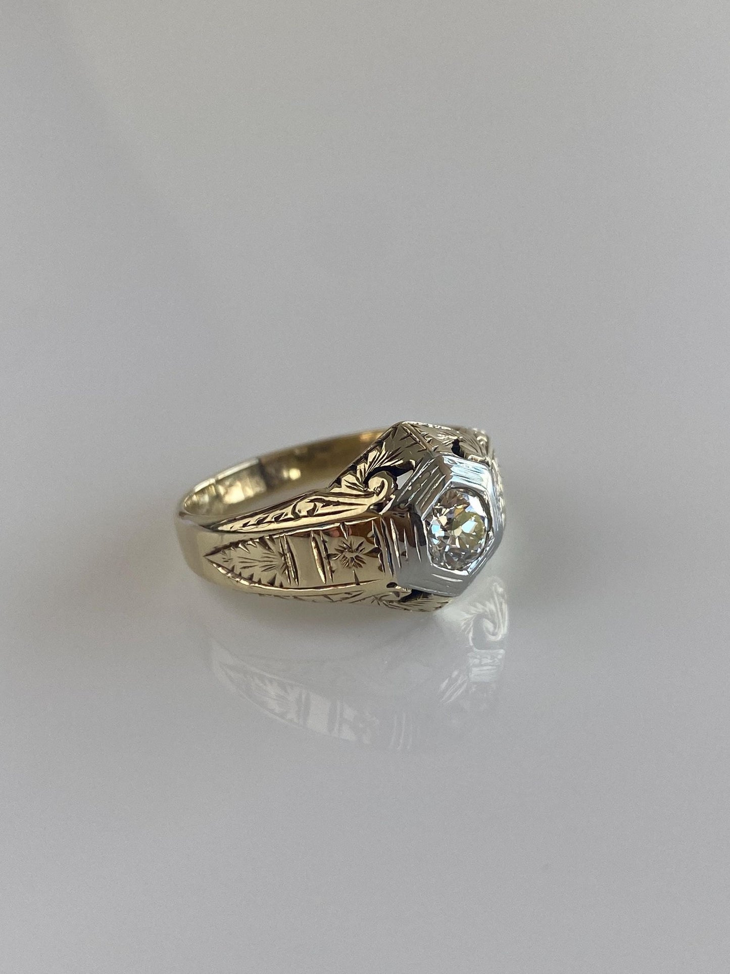 Vintage Solid 14k White & Yellow Gold Clear Sapphire Art Deco Ring - Size 8.5