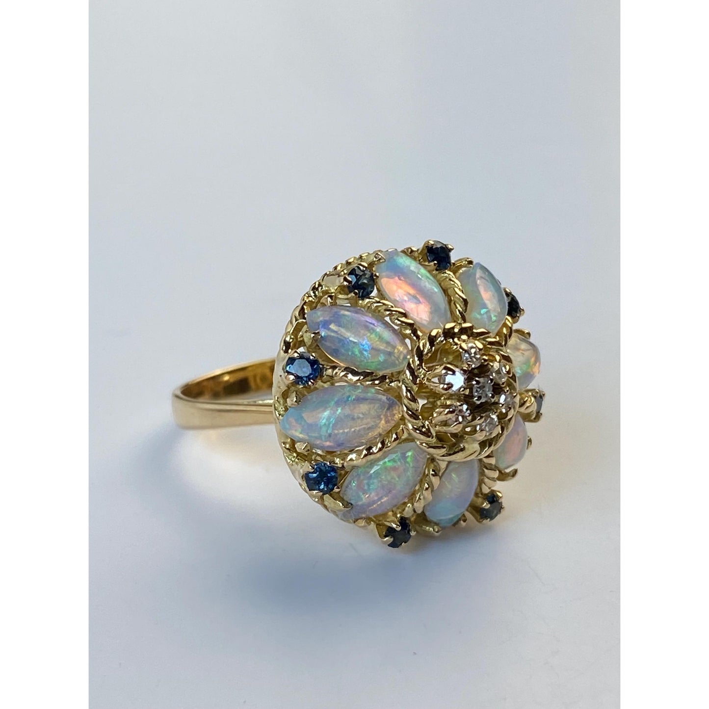 Vintage Solid 18k Yellow Gold Opal Diamond Blue Spinel Cocktail Ring - Size 6.75