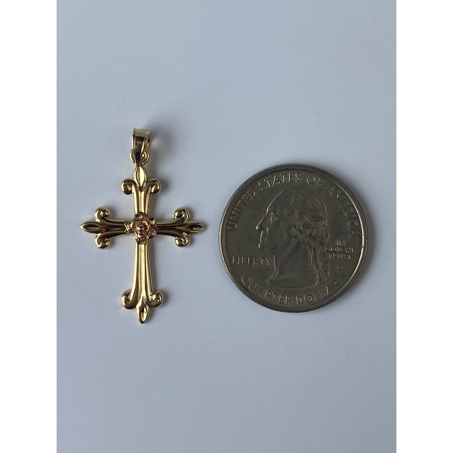 Vintage Solid 14k Rosey & Yellow Gold Rose Cross Charm
