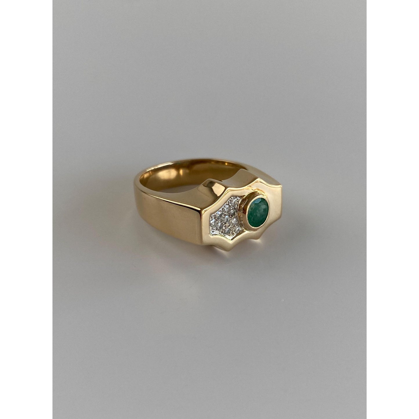 Vintage Solid 14k White & Yellow Gold Diamond Emerald Signet Ring - Size 7