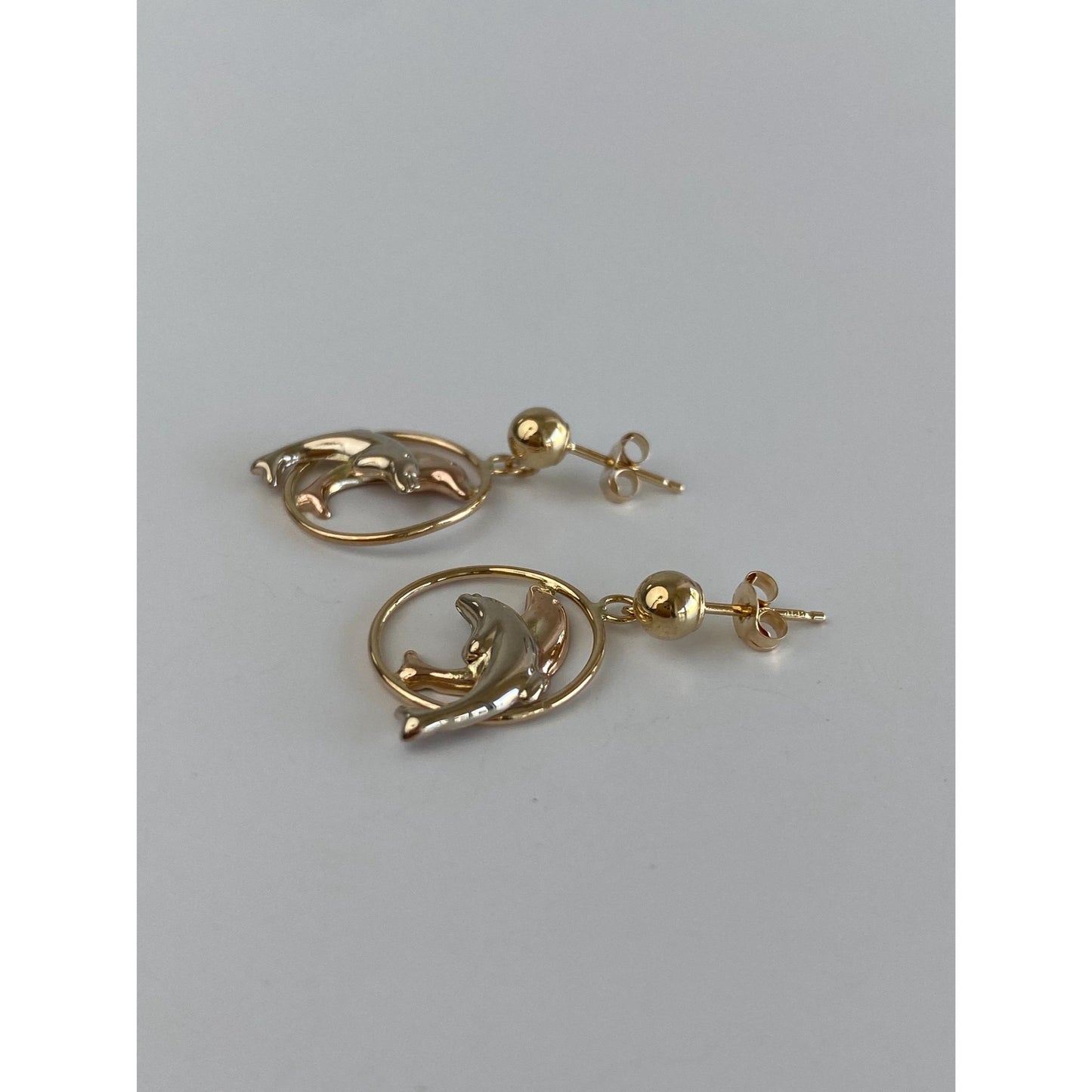 Vintage Solid 14k Tri Tone Gold Dolphin Hoop Dangle Earrings