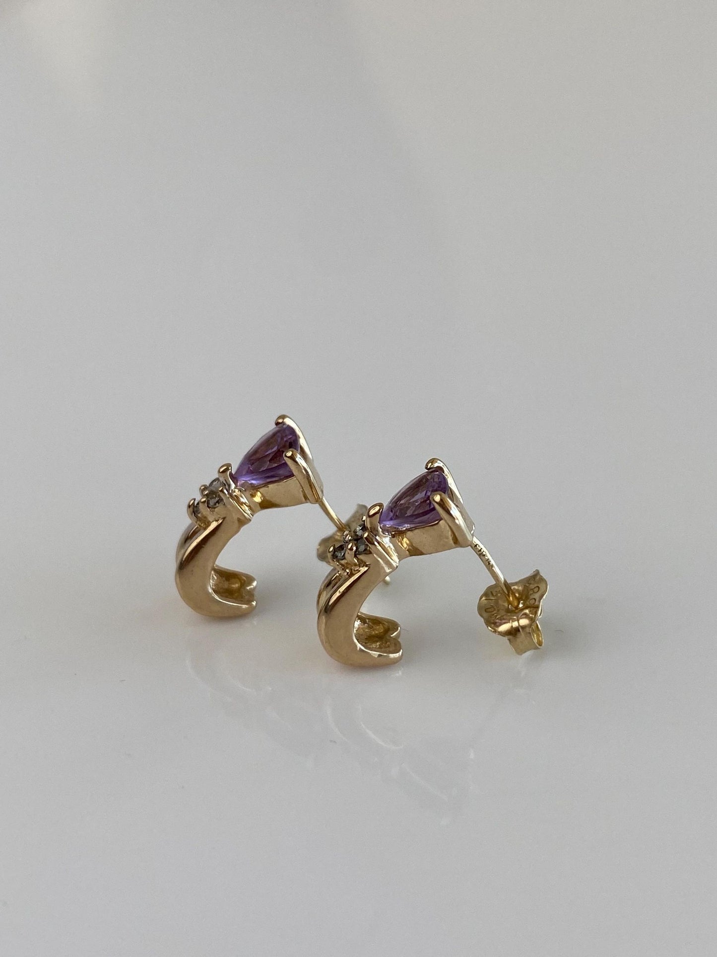 Solid 14k Yellow Gold Amethyst Diamonds Stud Earrings