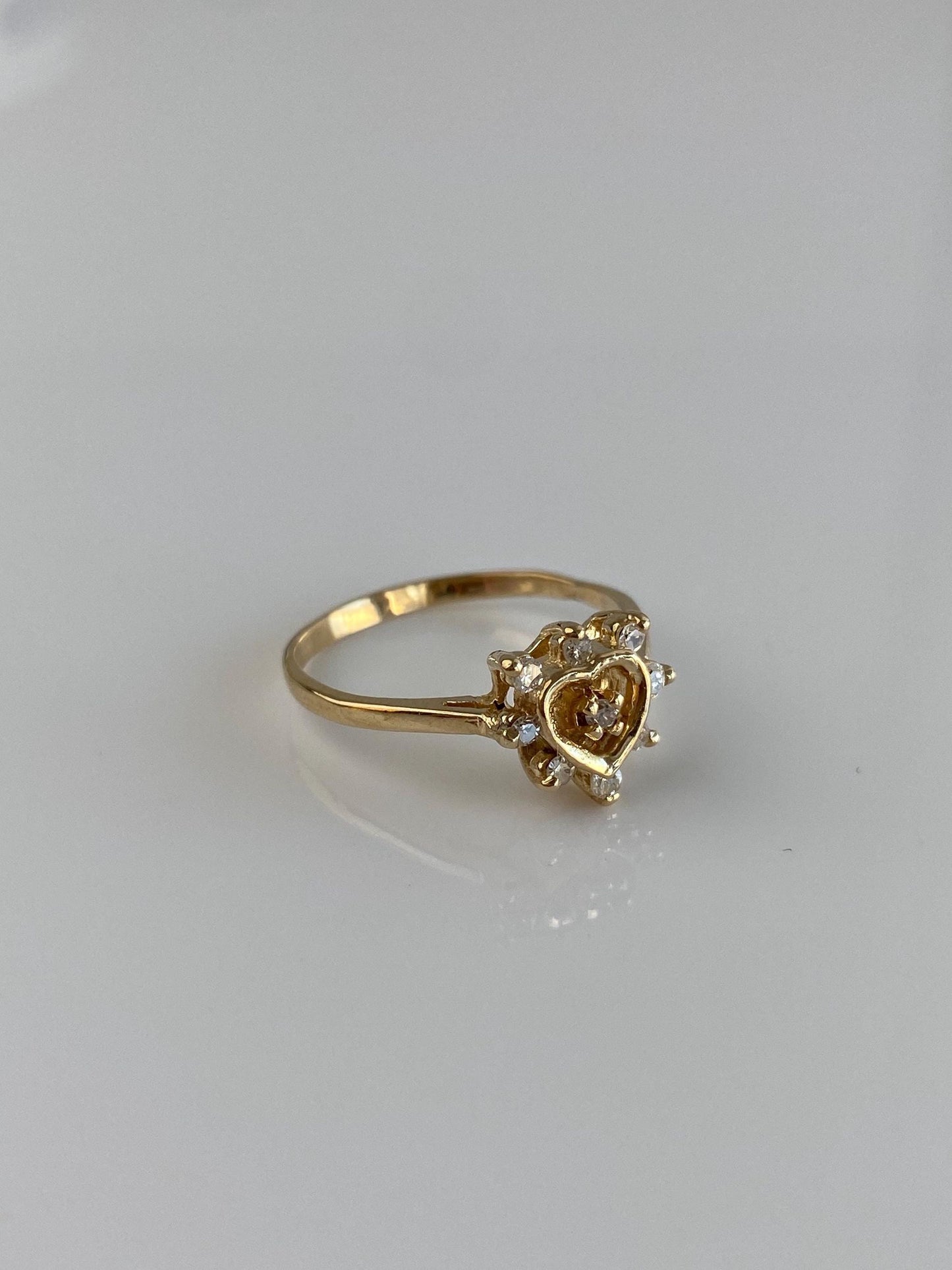 Vintage Solid 14k Yellow Gold Diamond Heart Ring - Size 7.5