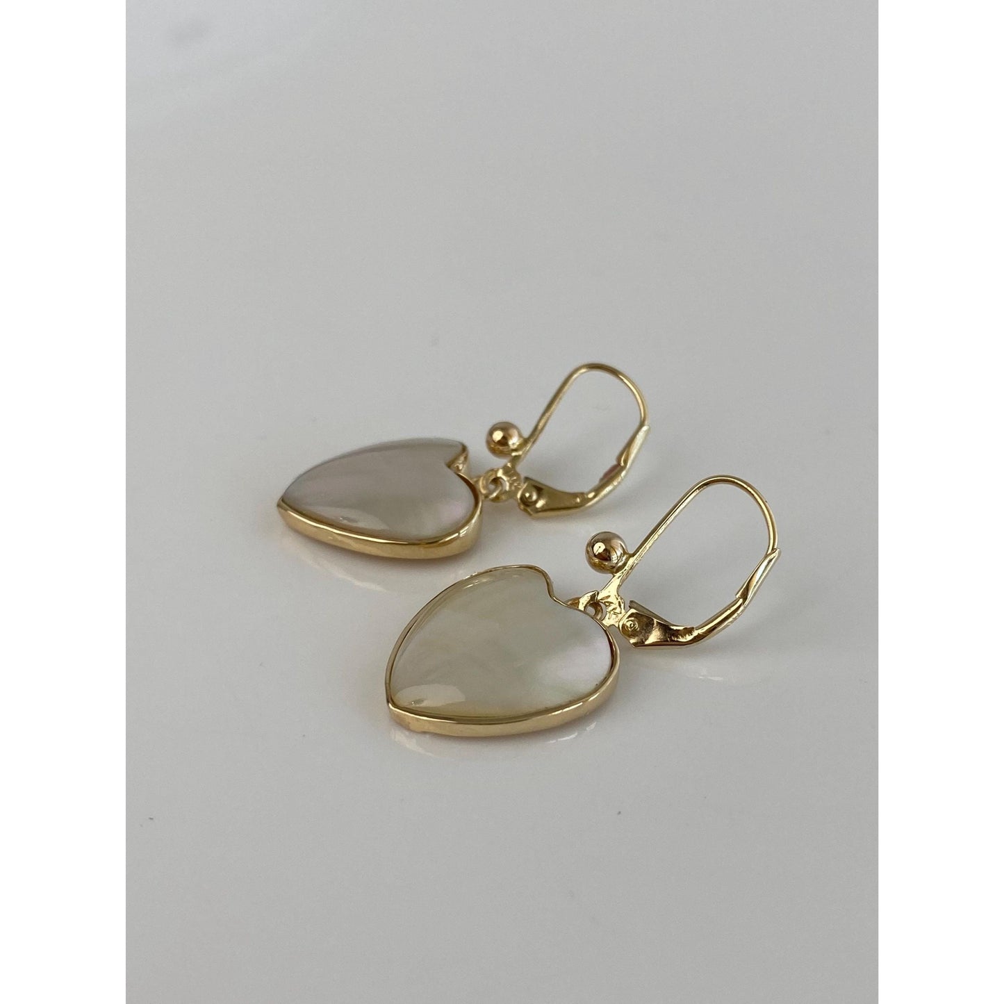 Vintage Solid 14k Yellow Gold Mother of Pearl Heart Dangle Earrings