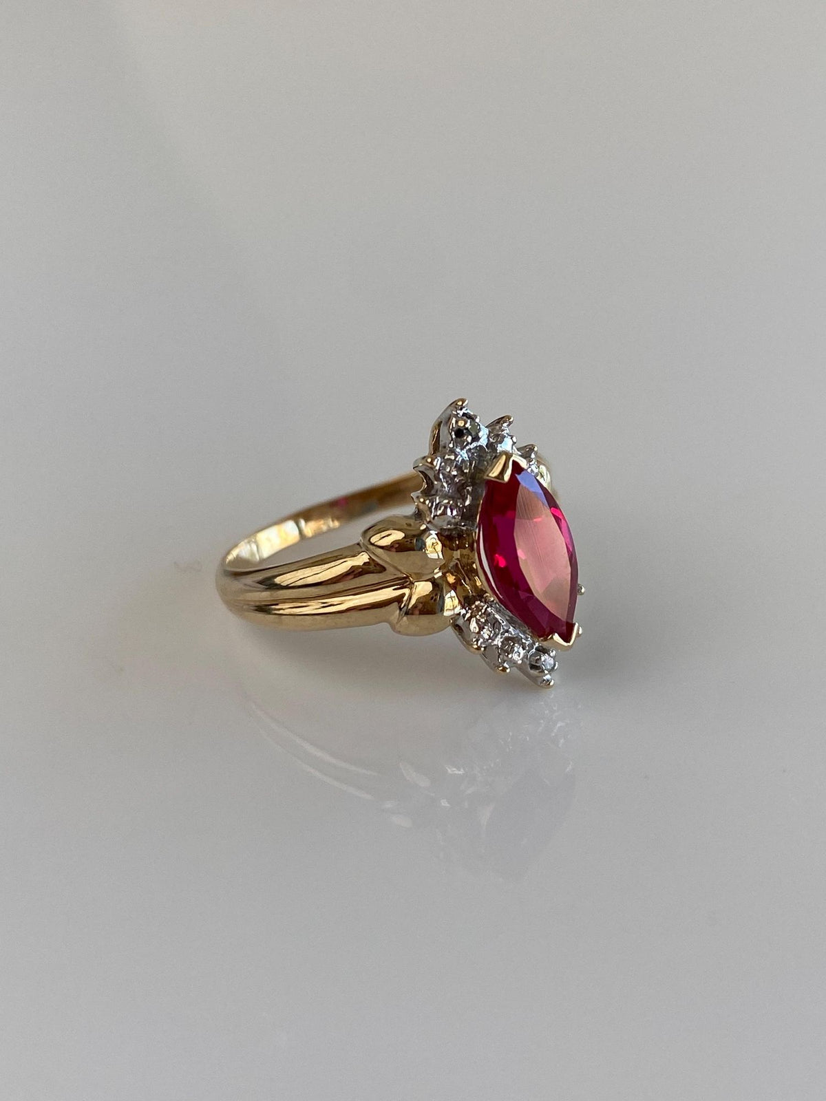 Vintage Solid 10k White & Yellow Gold Diamonds Marquis Pink Sapphire Ring - Size 6.5