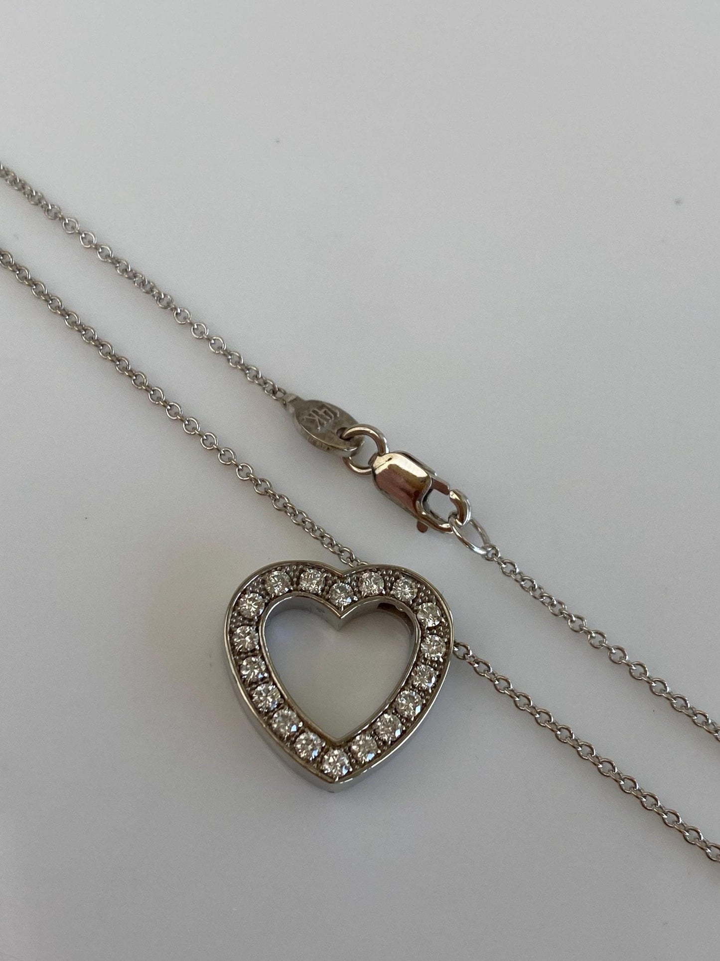 Vintage Solid 14k White Gold Diamond Heart Rolo Chain Necklace - 16 inches