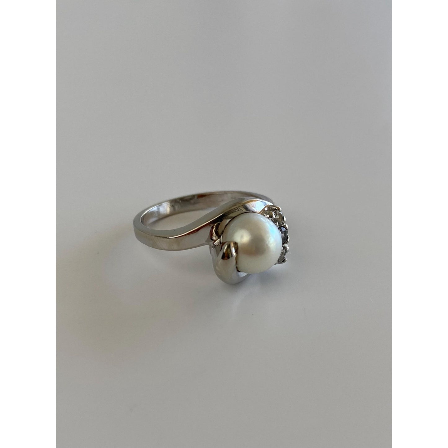 Vintage Solid 14k White Gold Pearl Clear Quartz Ring - Size 6