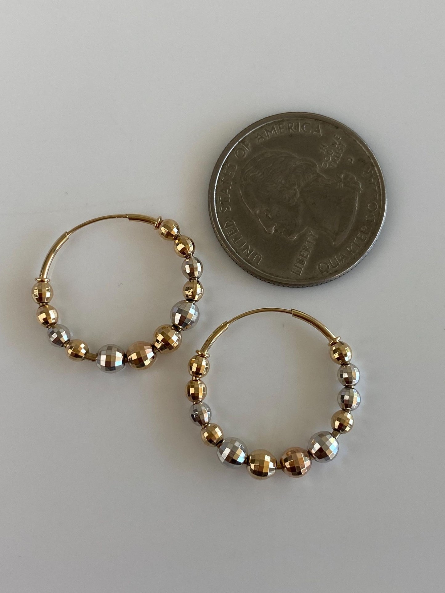 Vintage 14k Tri Tone Gold Faceted Bead Hoop Earrings