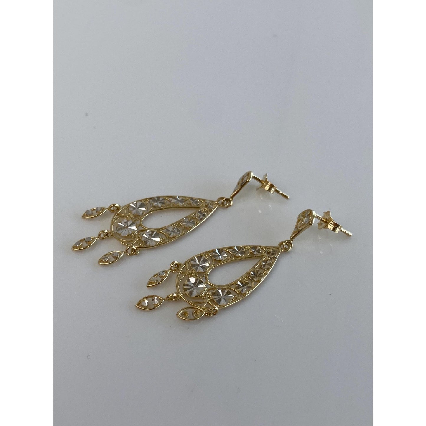 Vintage Solid 14k Yellow Gold Diamond Cut Chandelier Dangle Stud Earrings