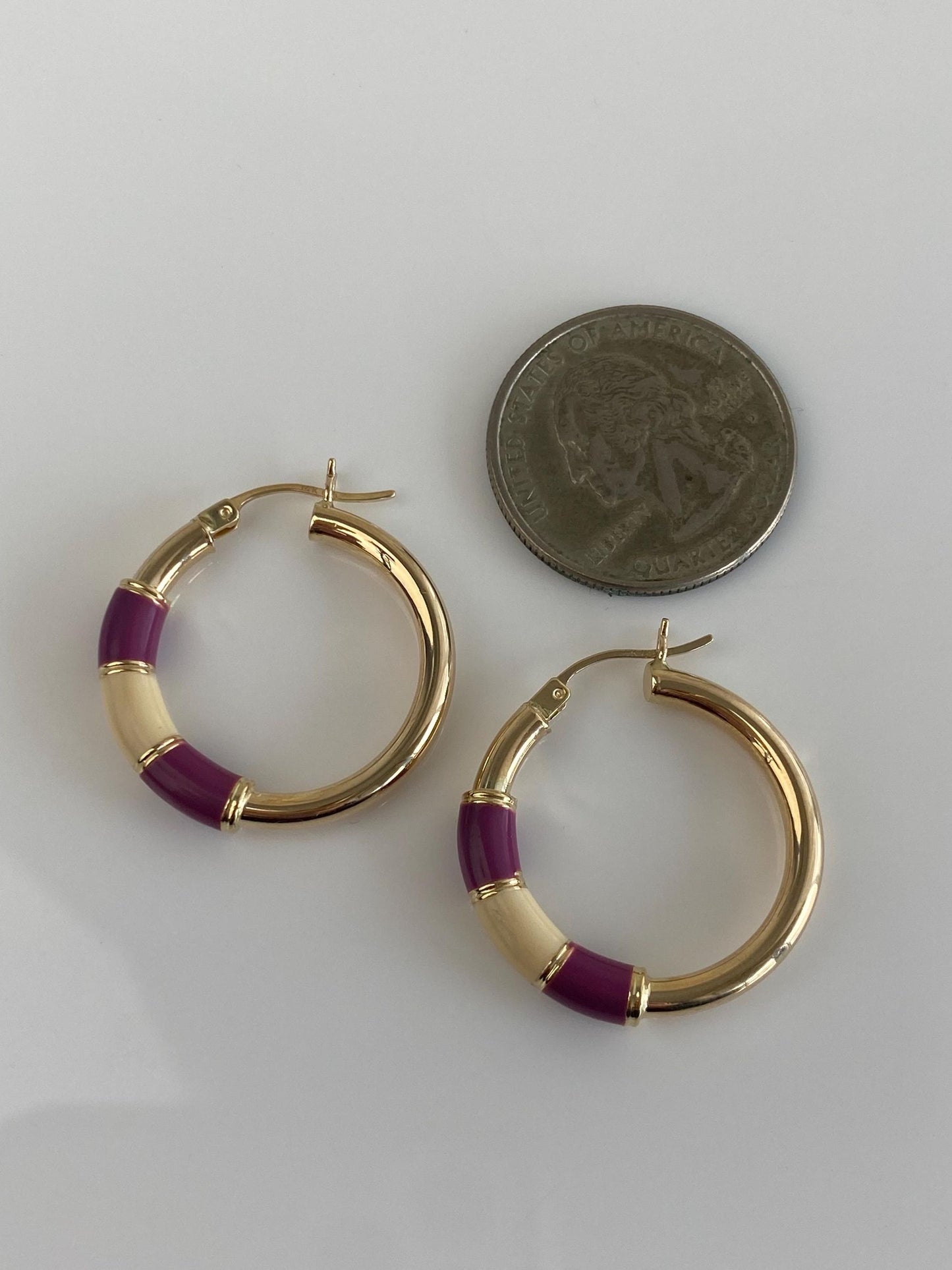 Vintage 14k Yellow Gold Purple White Enamel Hoop Earrings