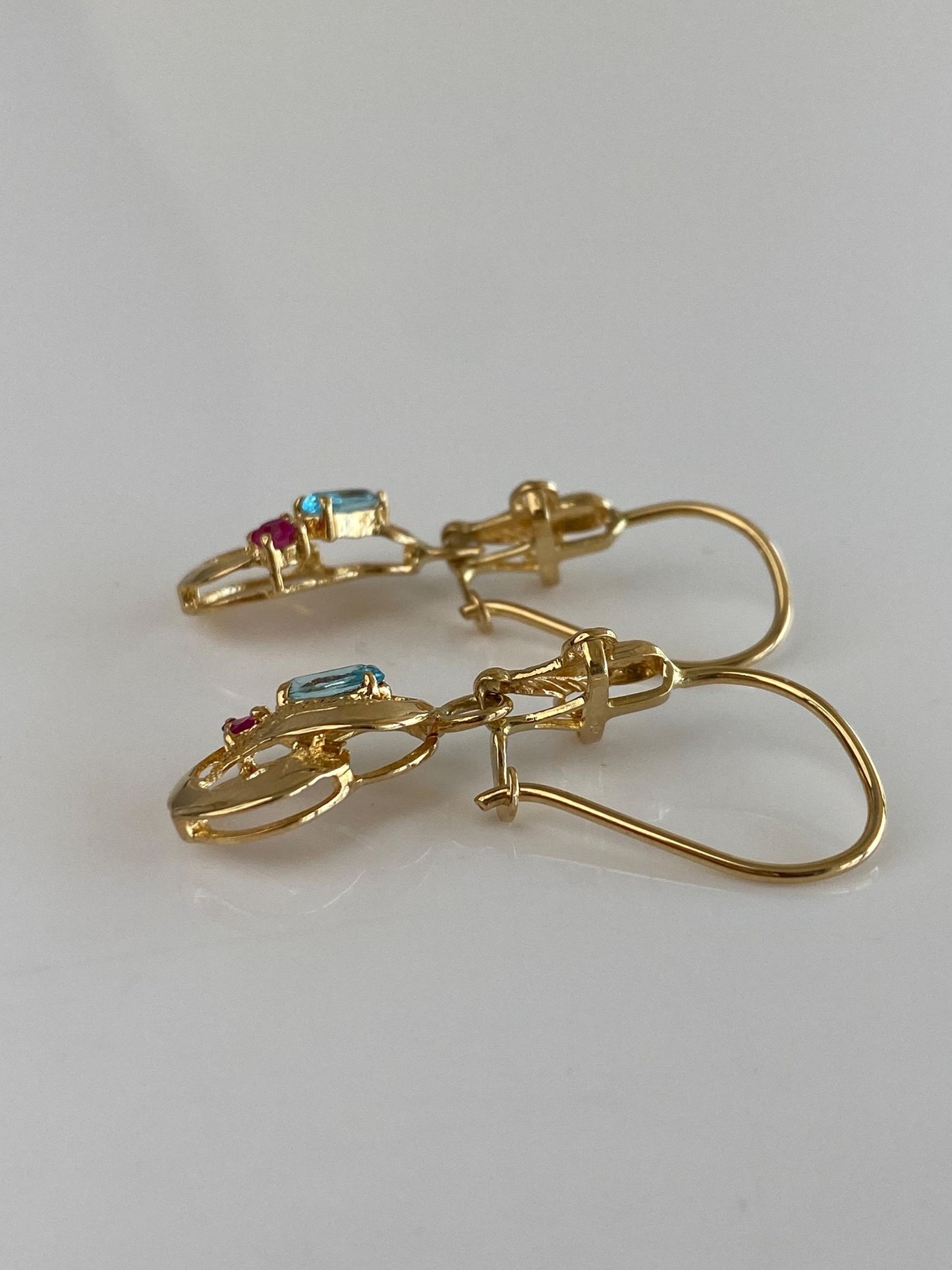 Solid 18k Yellow Gold Pink Spinel Light Blue Cubic Zirconia Dangle Earrings