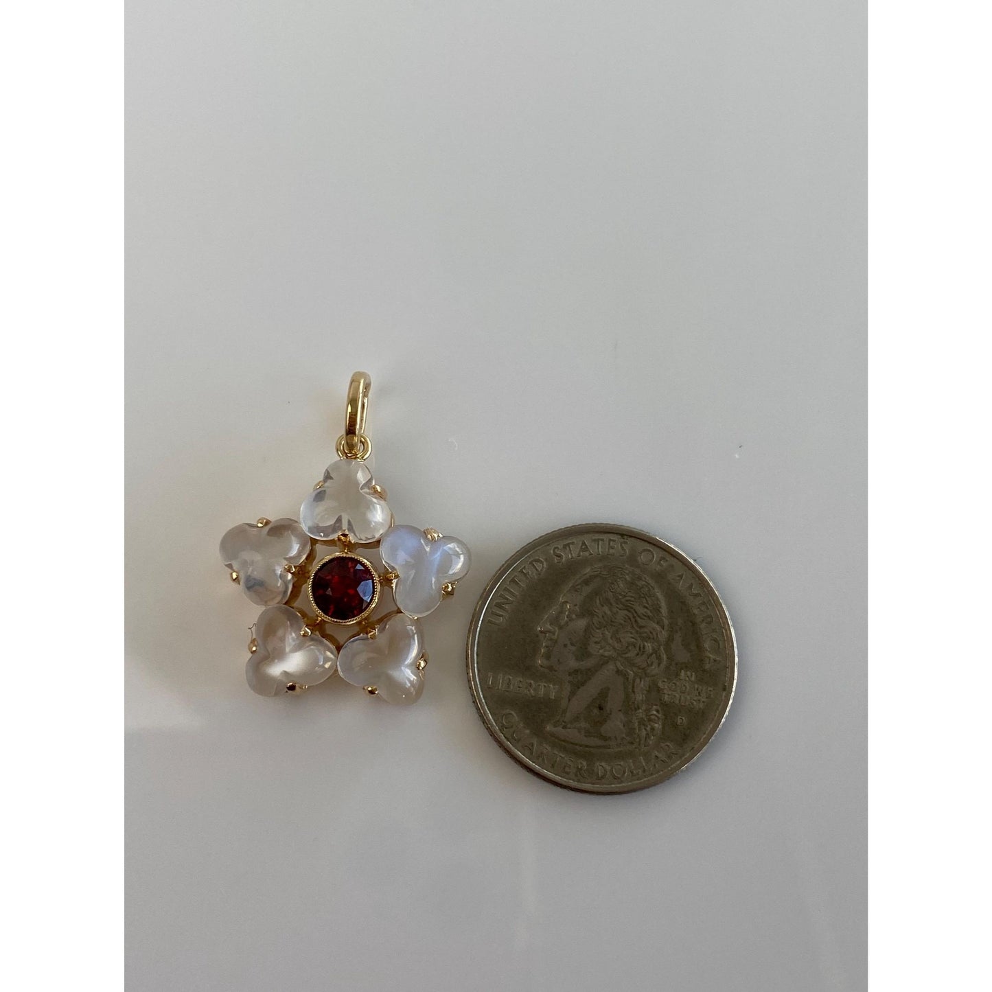 Vintage Solid 14k Yellow Gold Garnet Moonstone Flower Charm