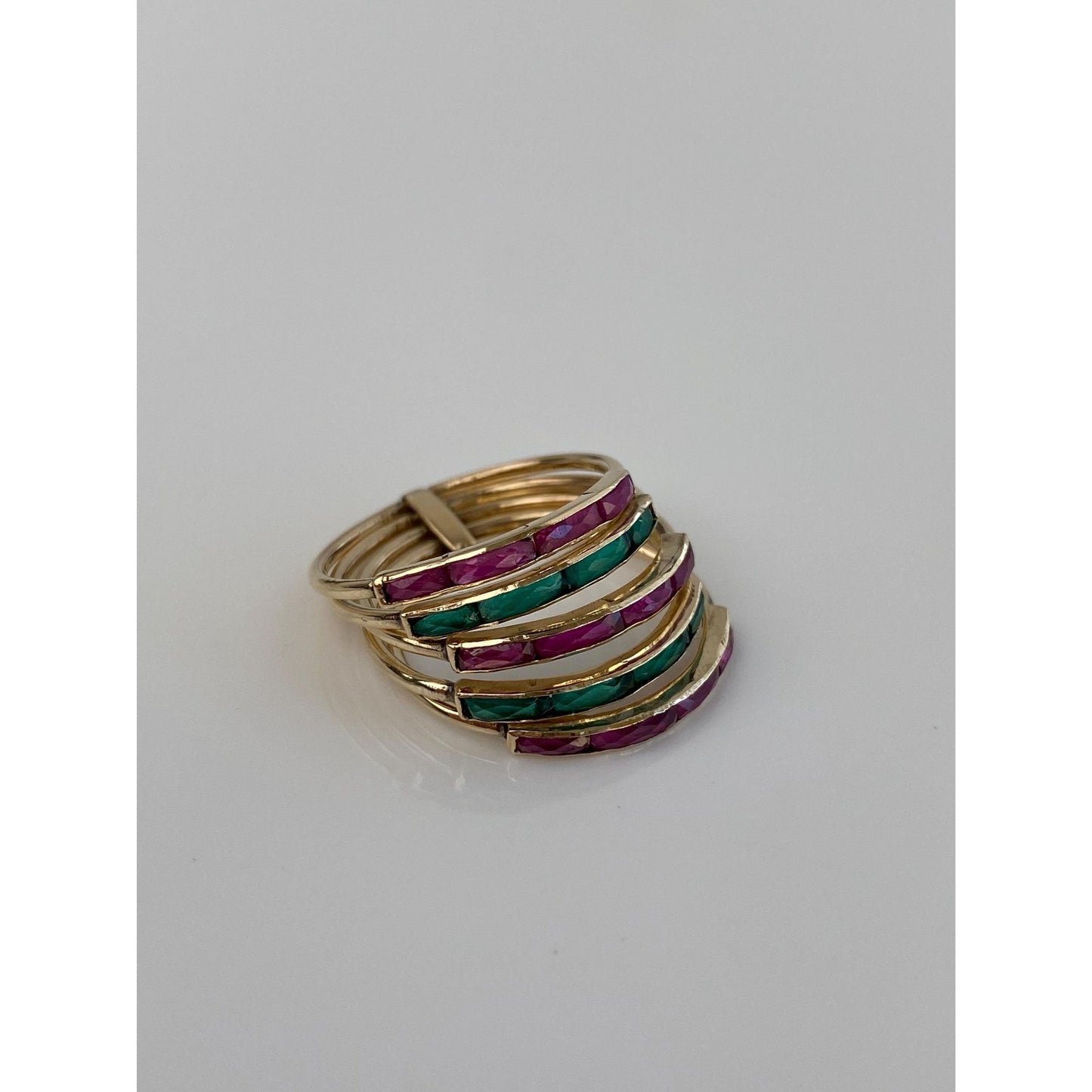 Vintage Solid 10k Yellow Gold Emerald Ruby Stacking Bands Ring - Size 5.25
